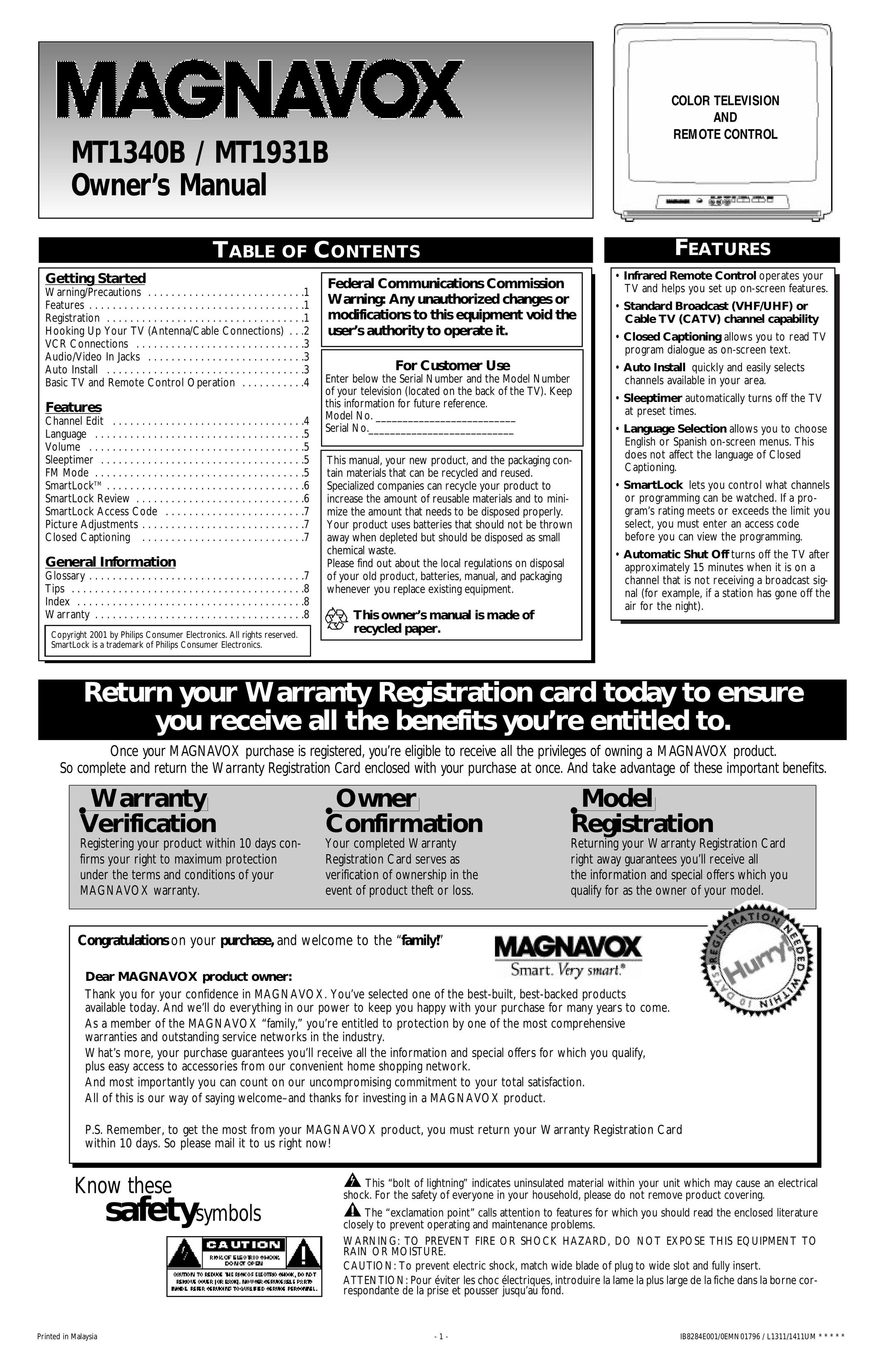 Magnavox MT1340B CRT Television User Manual