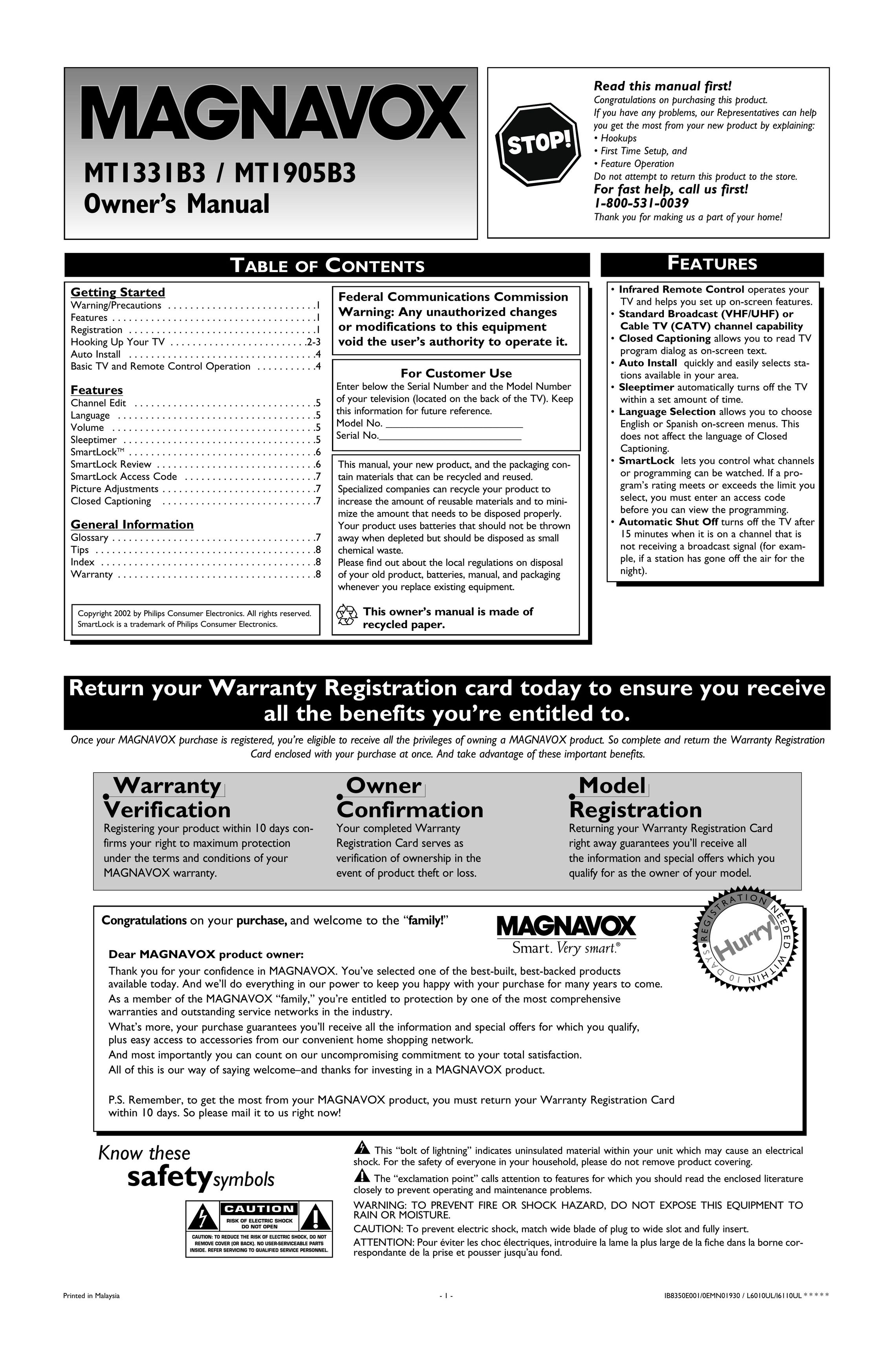 Magnavox MT1905B3 CRT Television User Manual