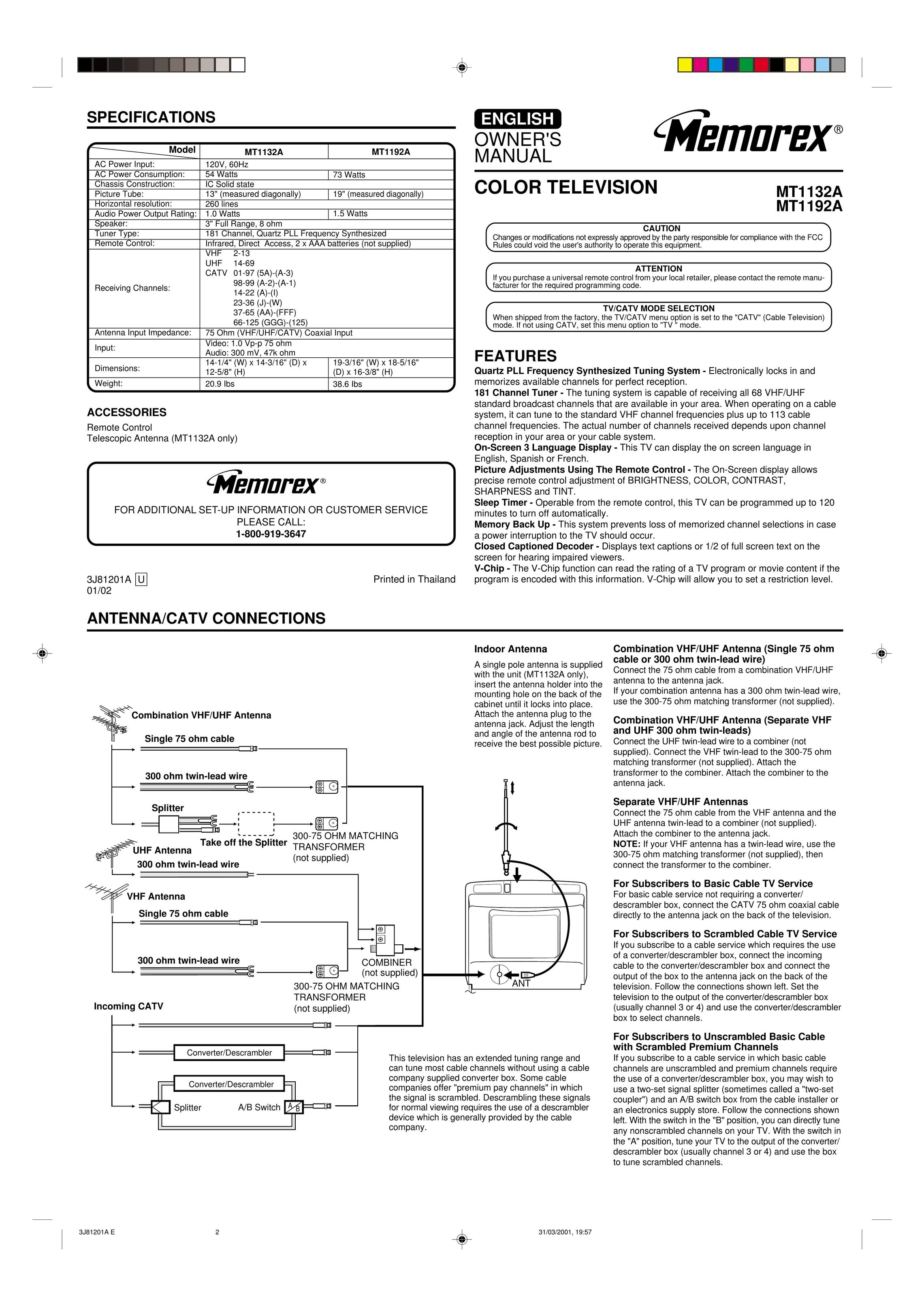 Memorex MT1192A CRT Television User Manual