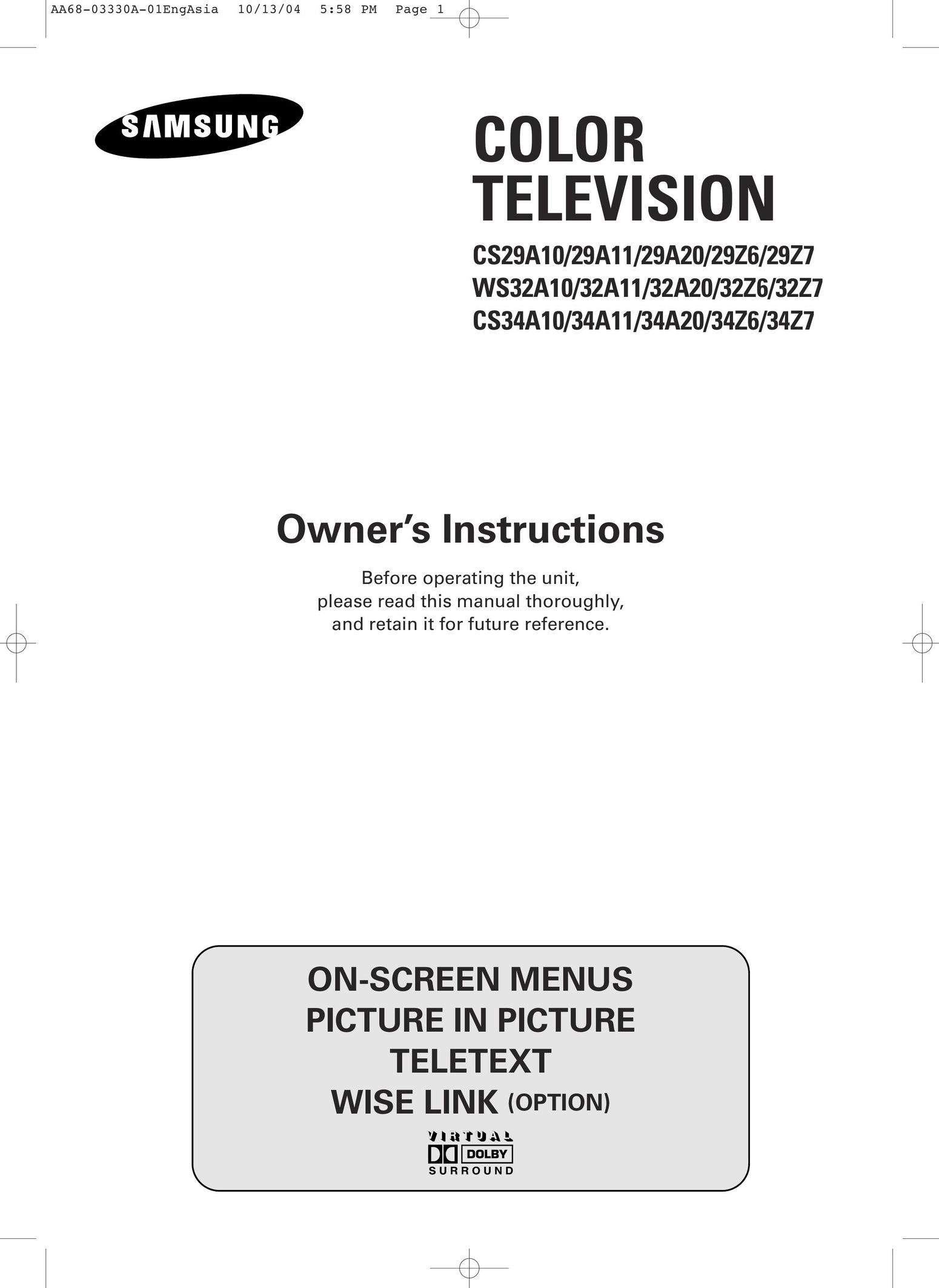 Samsung 29A20 CRT Television User Manual