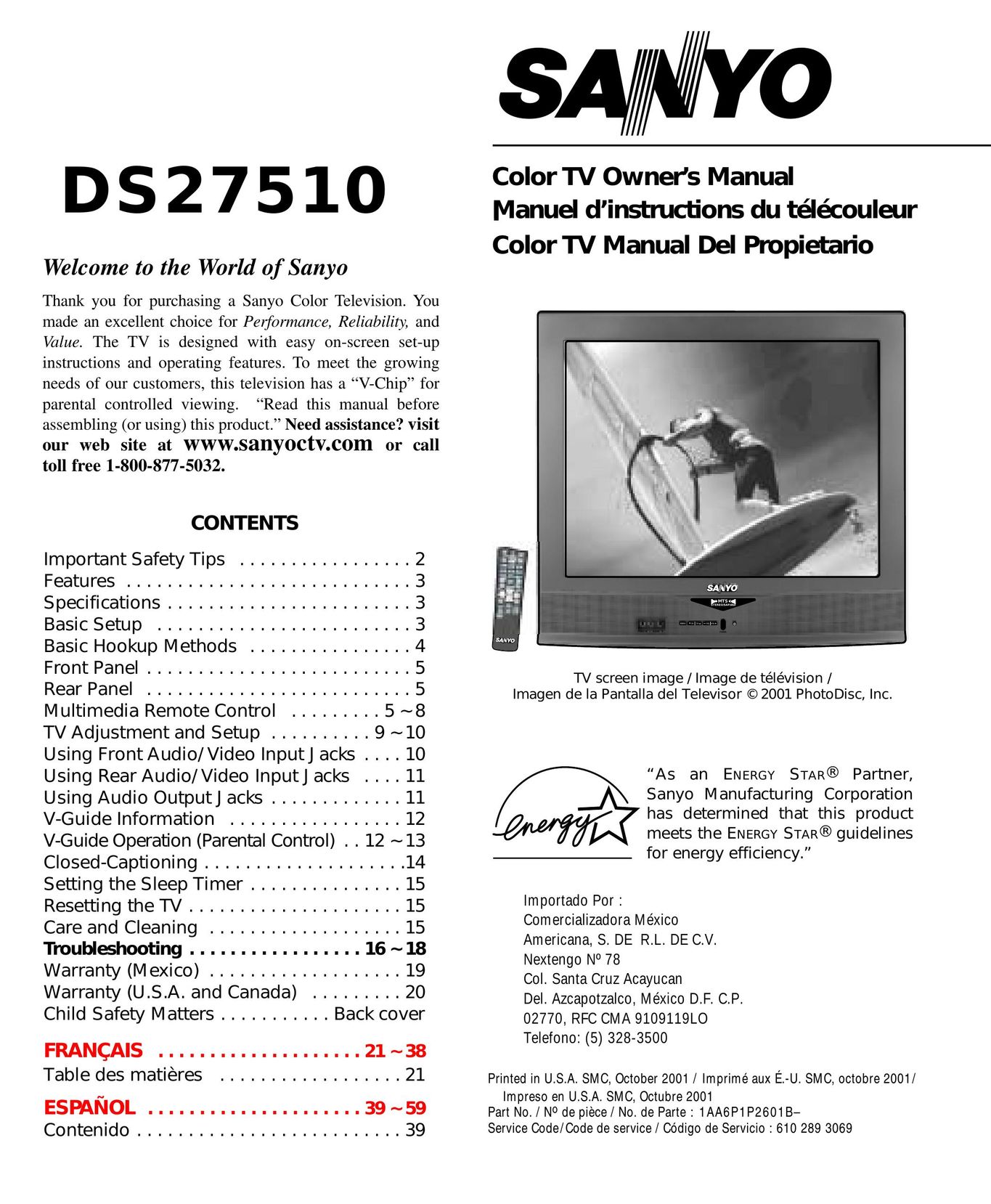 Sanyo DS27510 CRT Television User Manual
