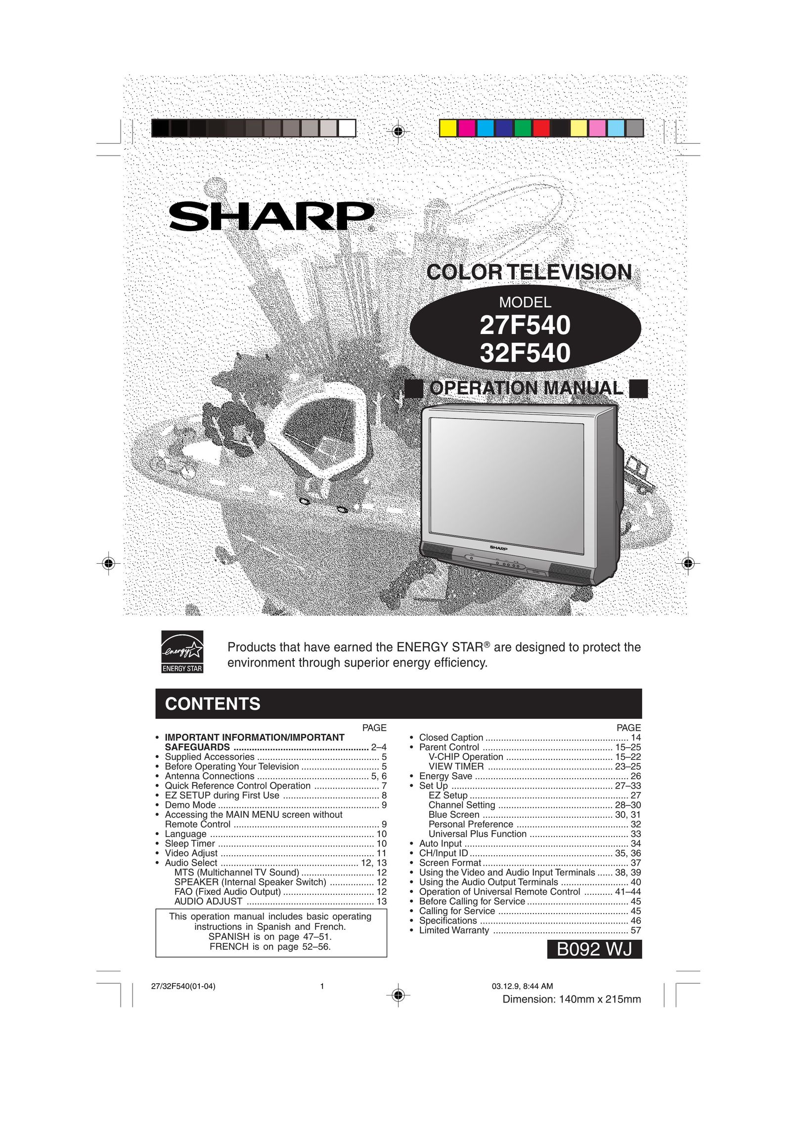 Sharp 32F540 CRT Television User Manual