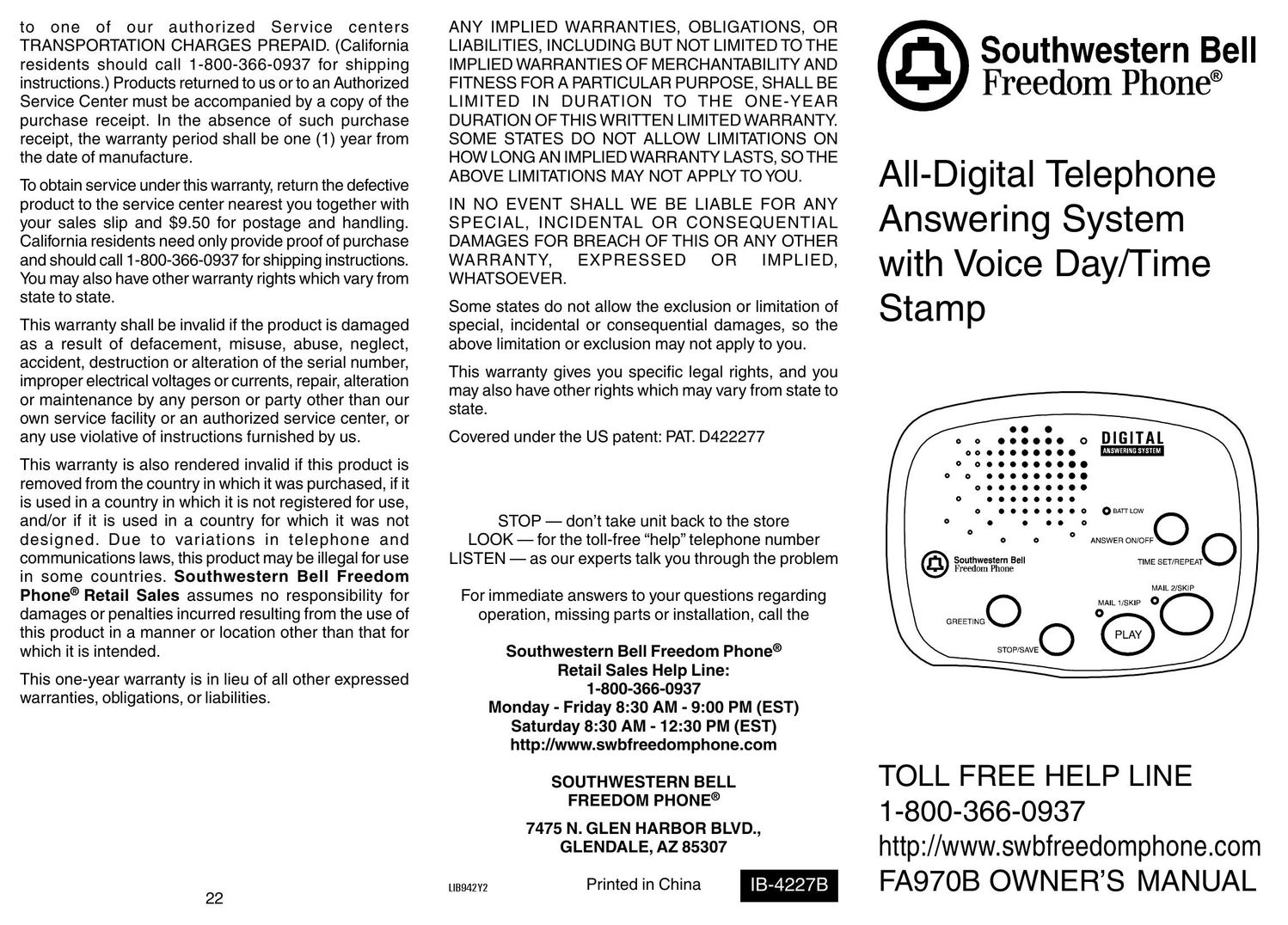Southwestern Bell FA970B CRT Television User Manual