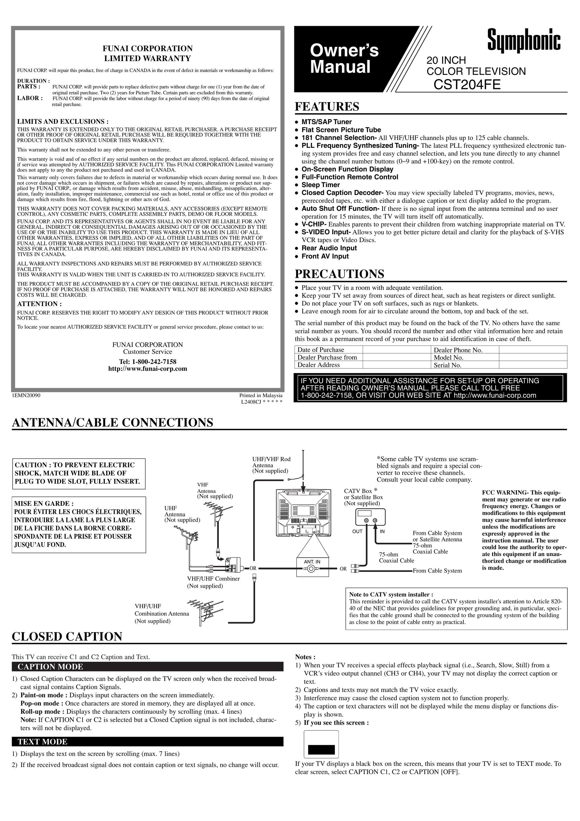 Symphonic CST204FE CRT Television User Manual