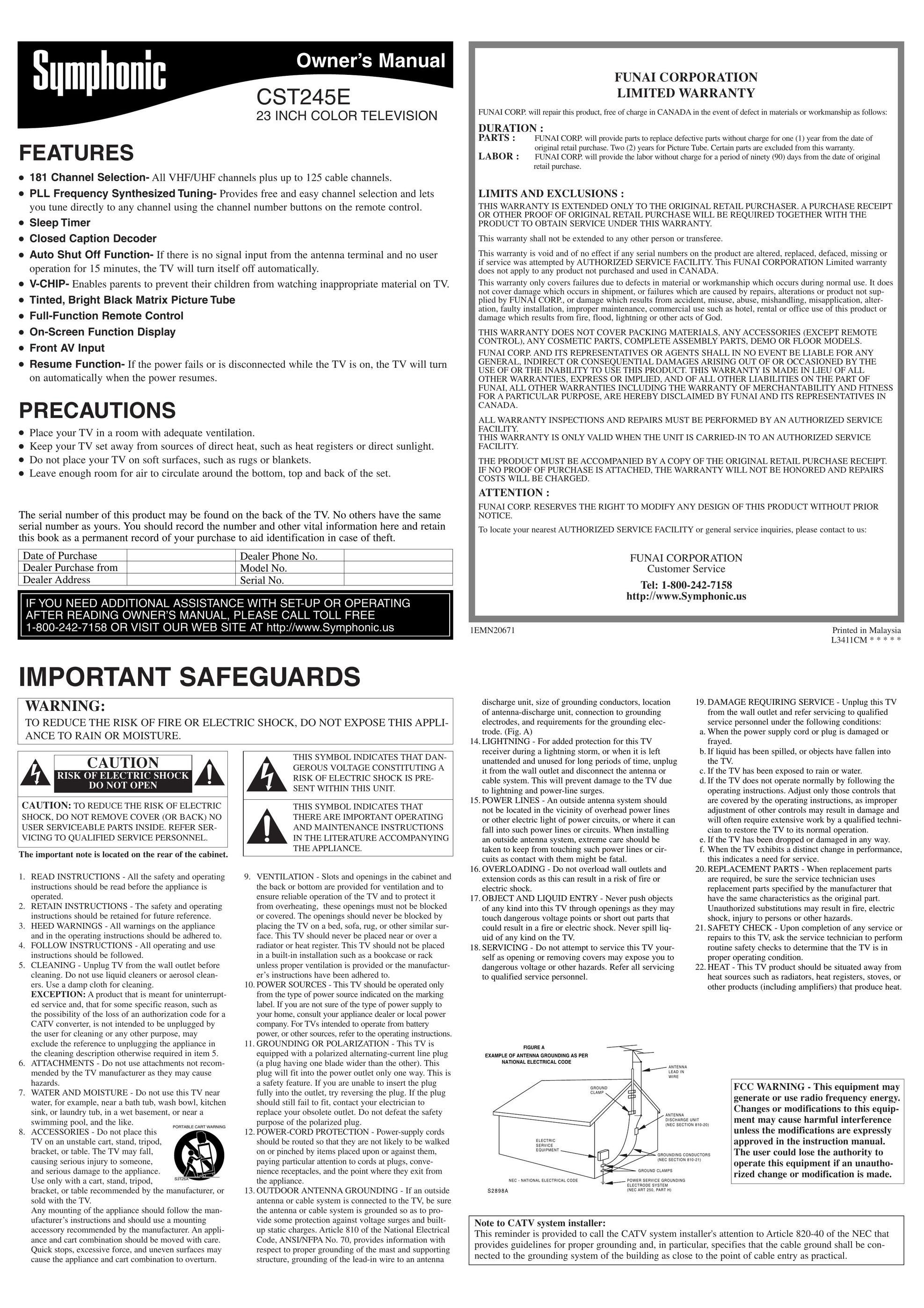 Symphonic CST245E CRT Television User Manual