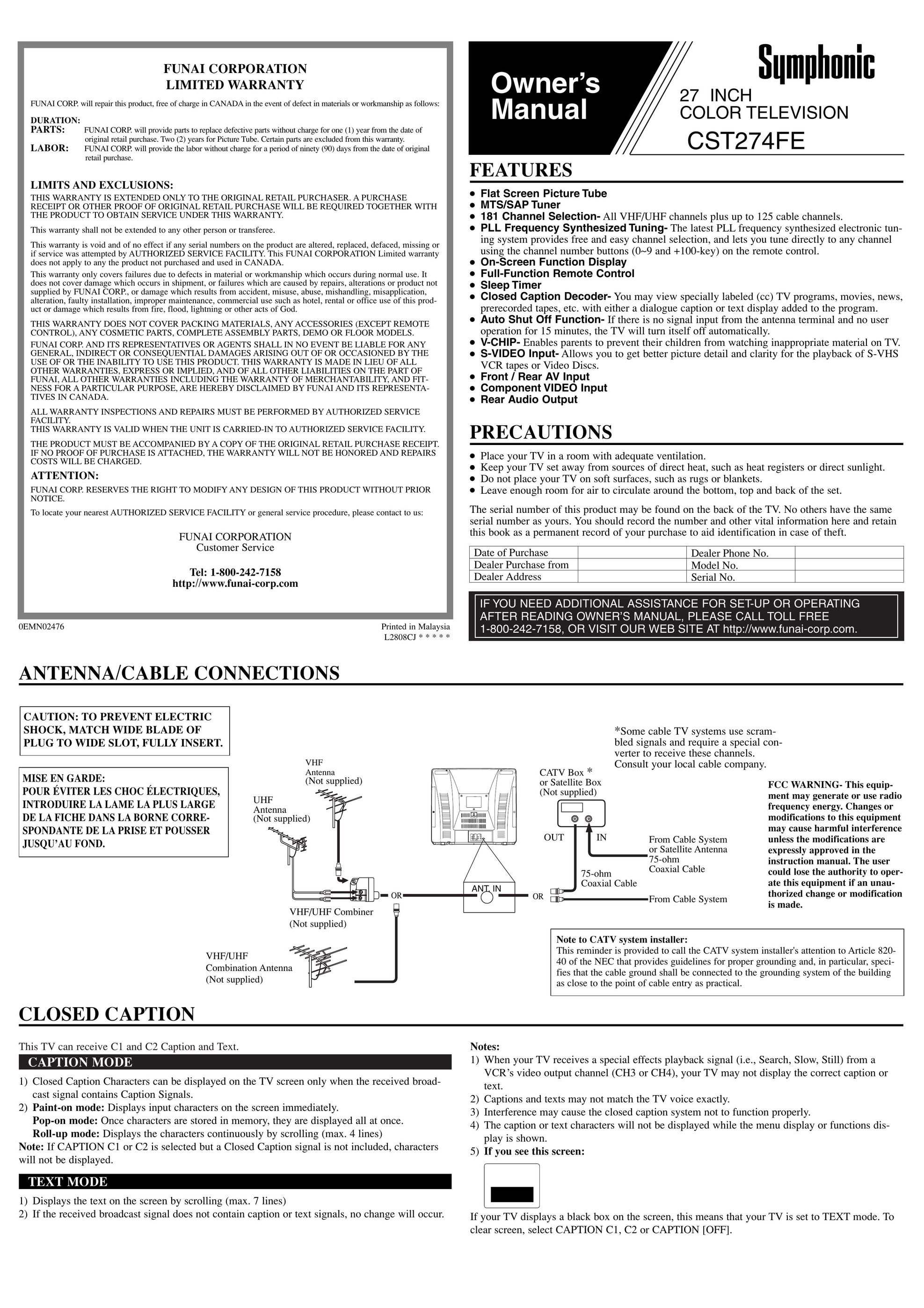 Symphonic CST274FE CRT Television User Manual