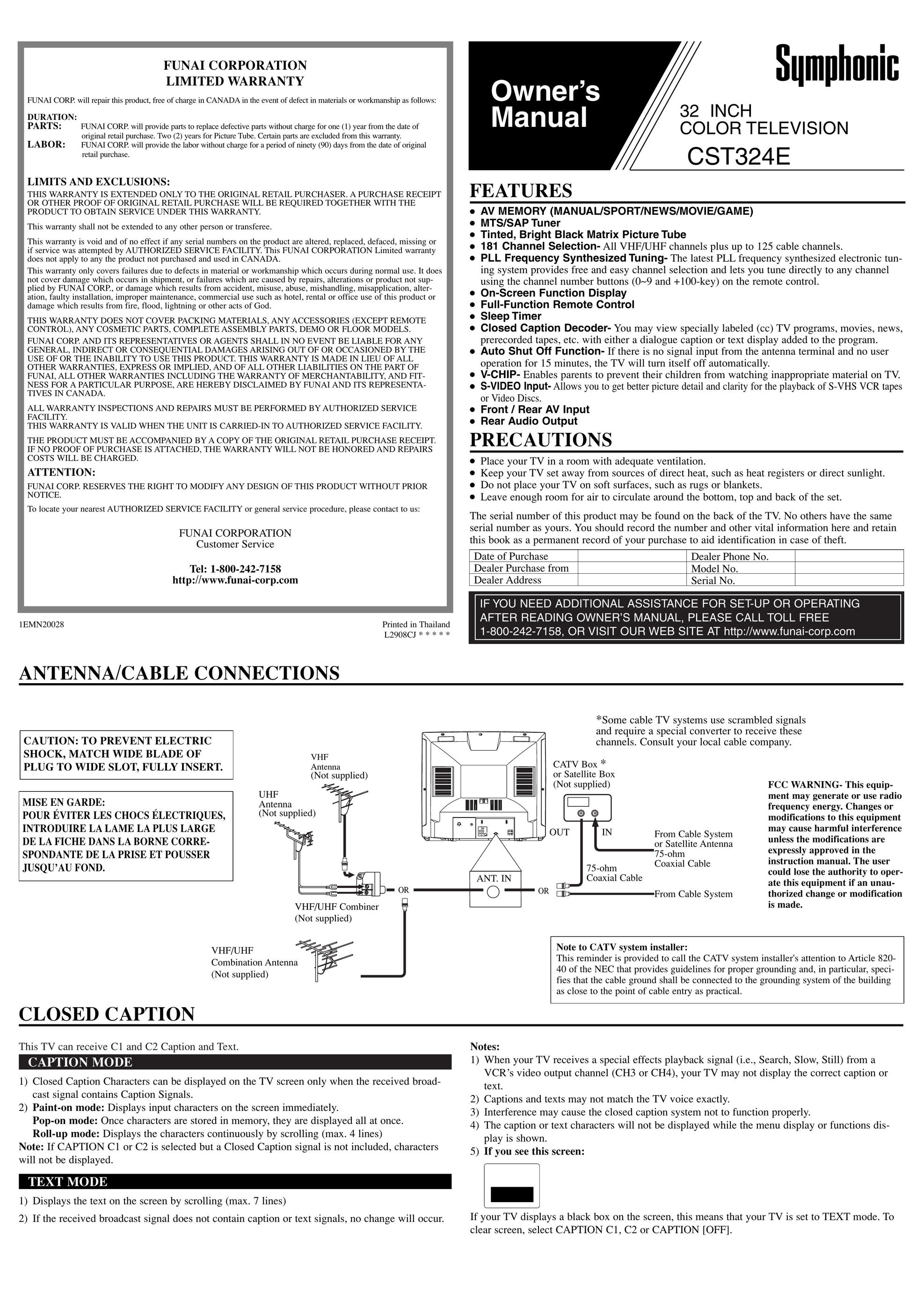 Symphonic CST324E CRT Television User Manual