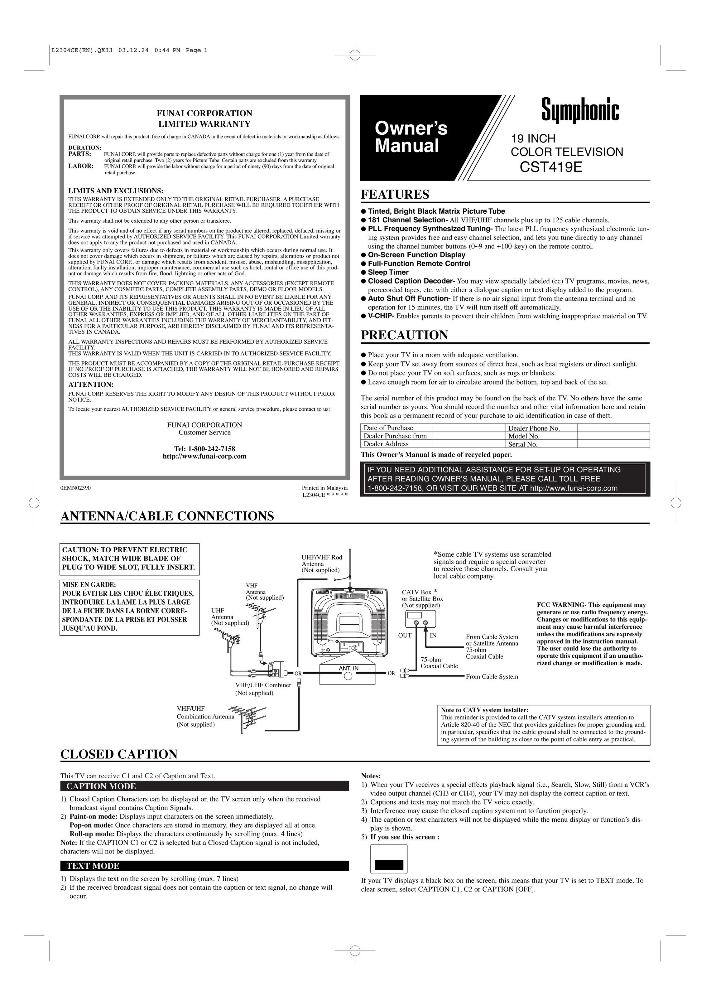 Symphonic CST419E CRT Television User Manual