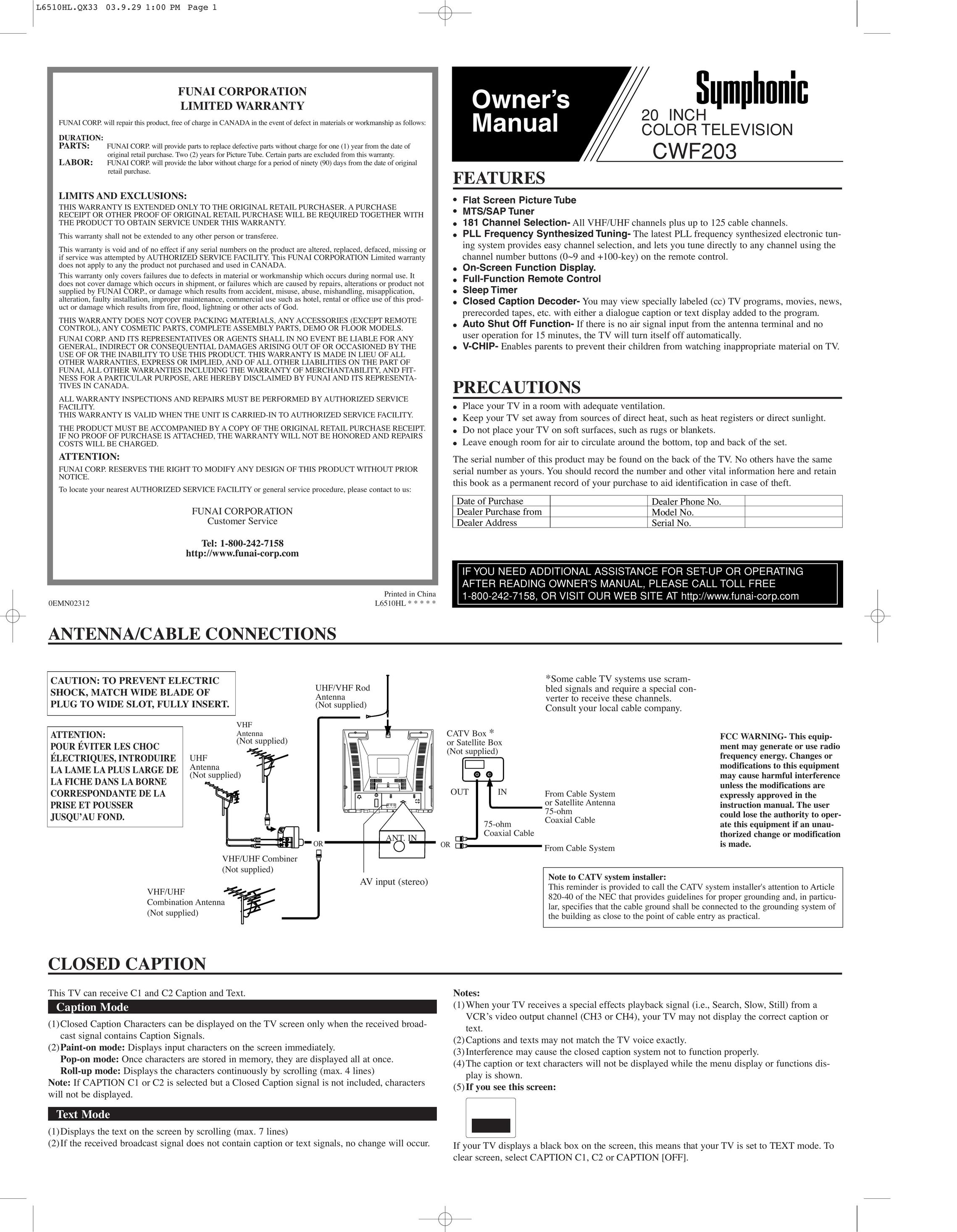 Symphonic CWF203 CRT Television User Manual