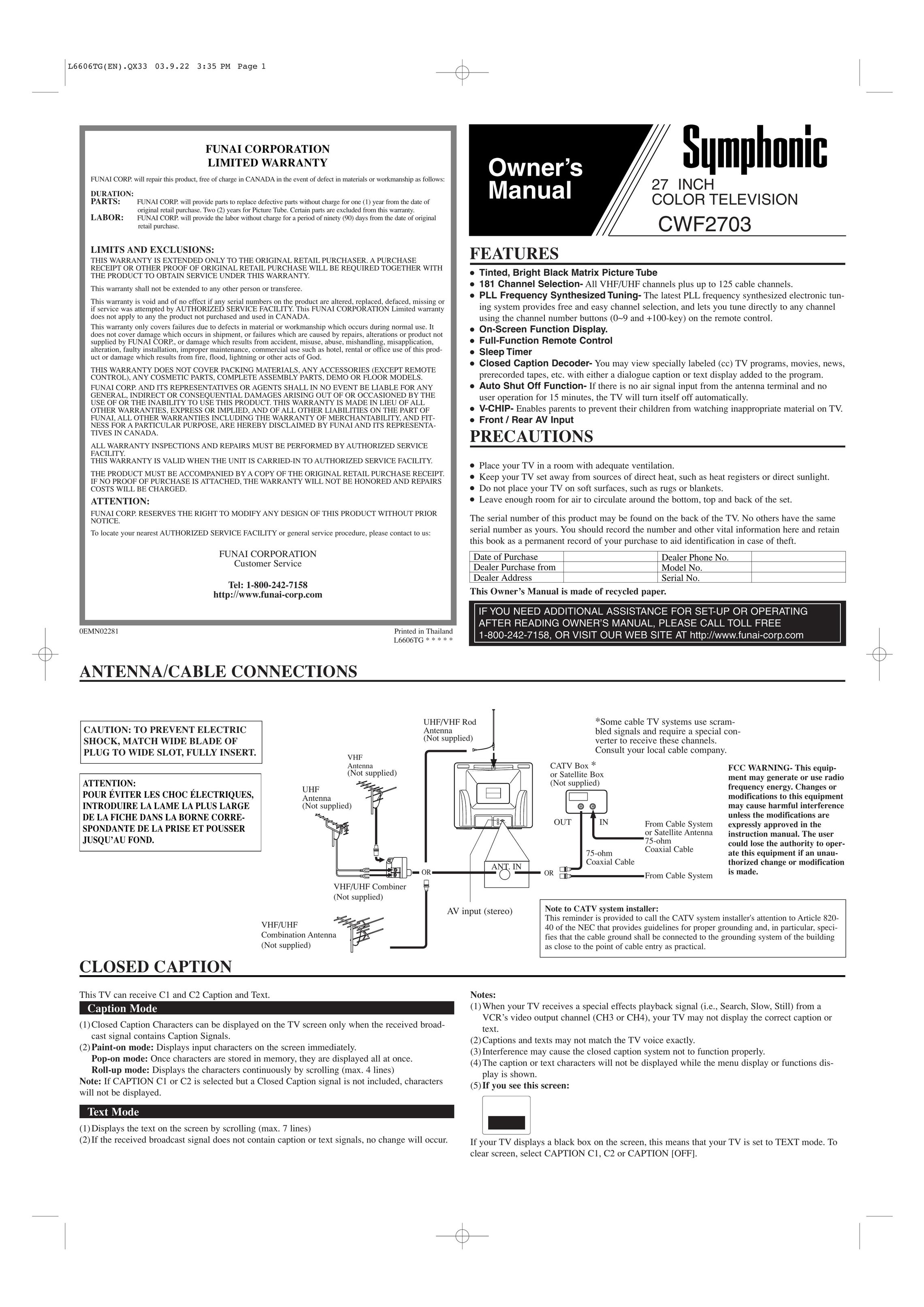 Symphonic CWF2703 CRT Television User Manual