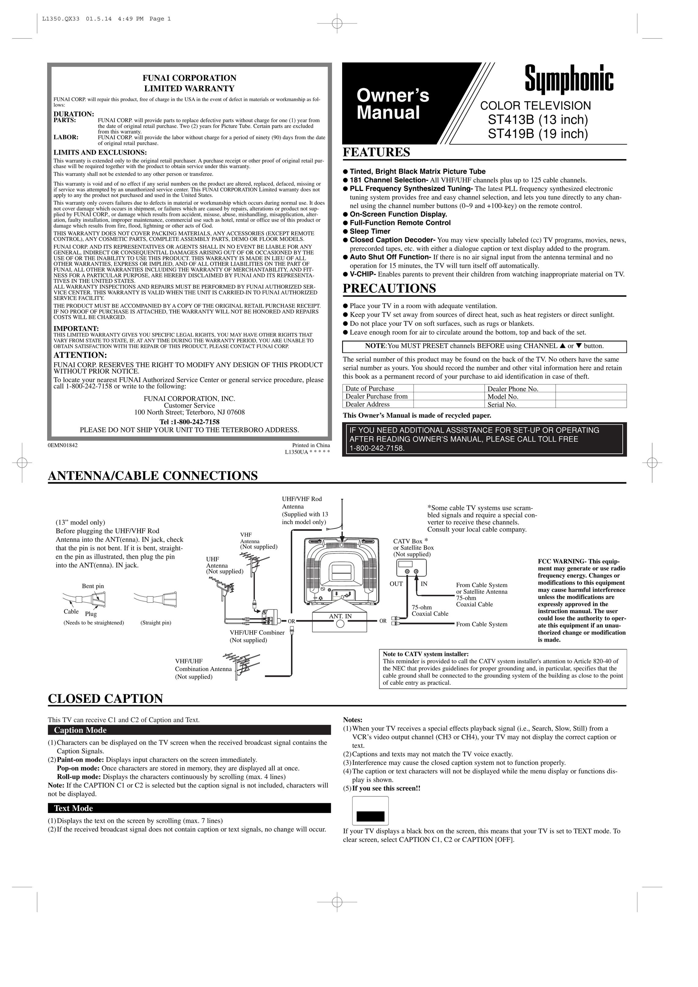 Symphonic ST413B, ST419B CRT Television User Manual