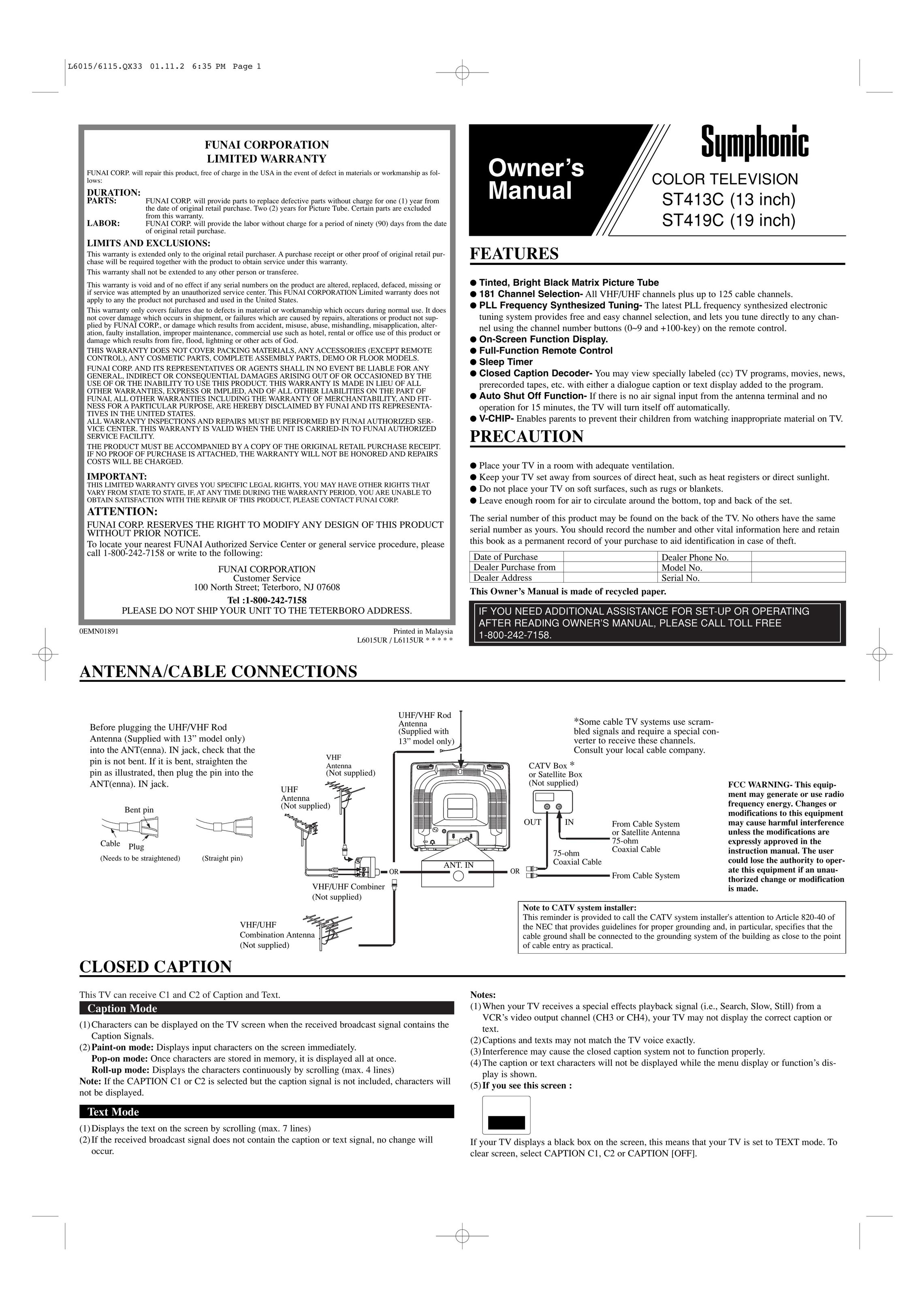 Symphonic ST413C, ST419C CRT Television User Manual