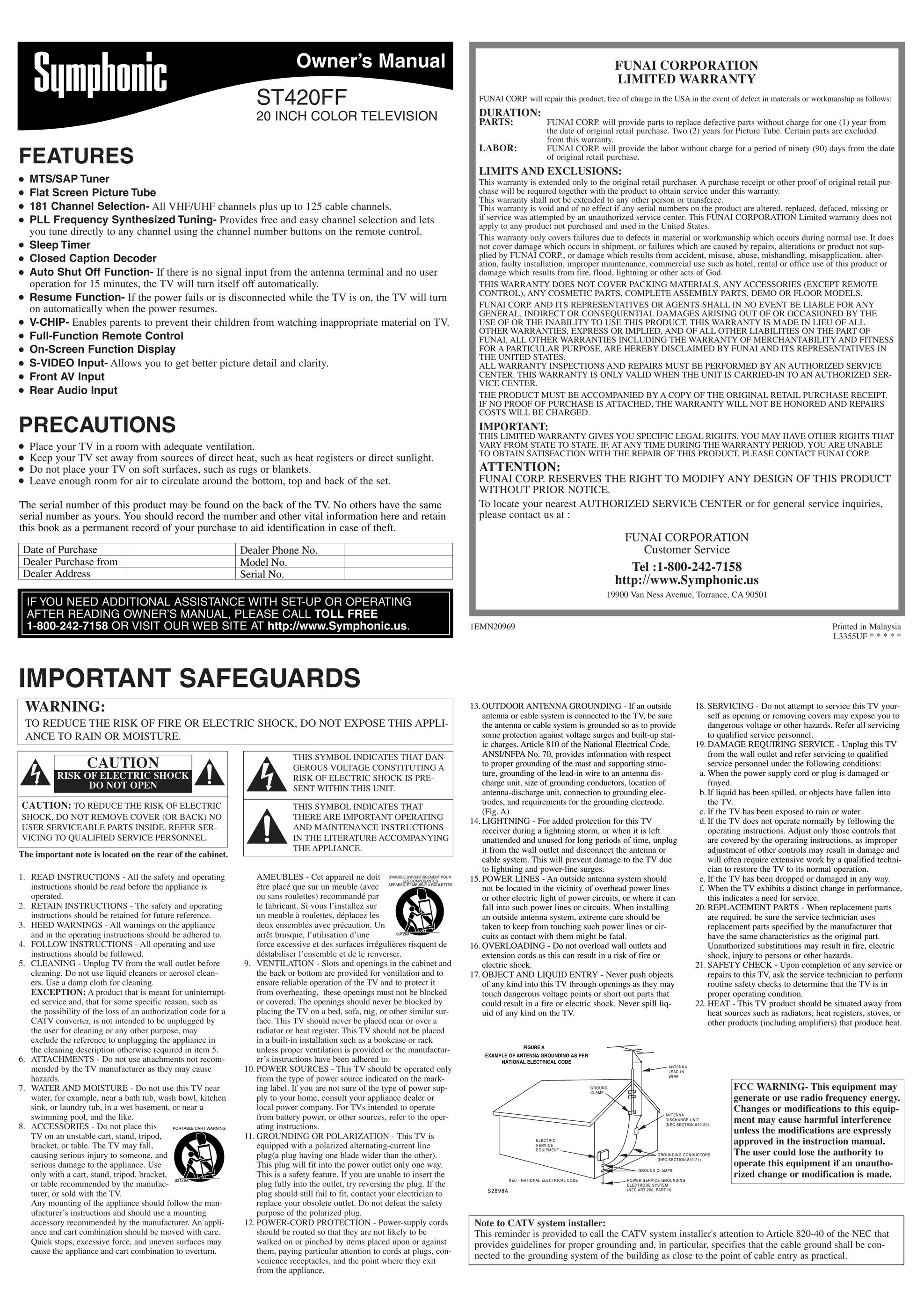 Symphonic ST420FF CRT Television User Manual