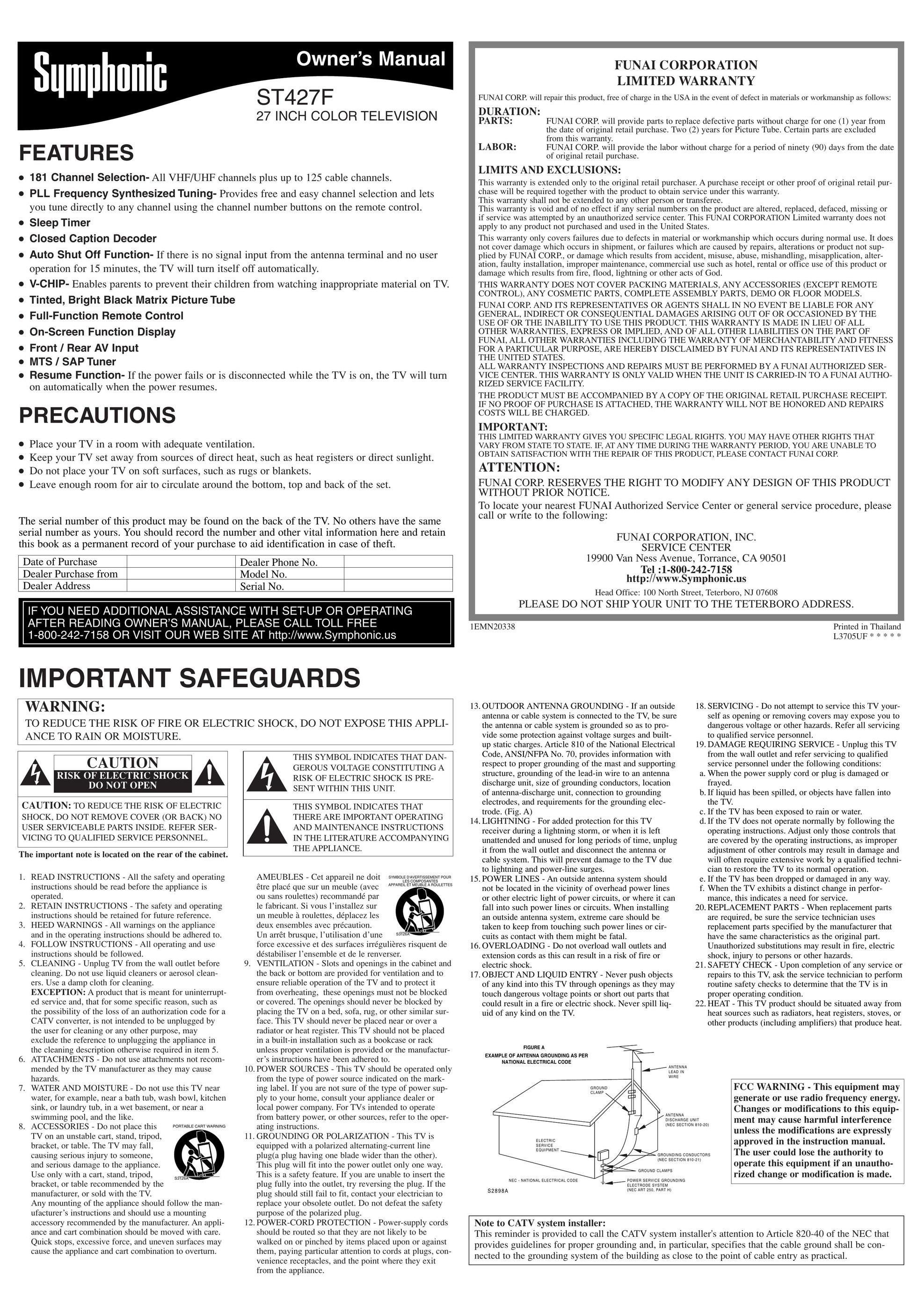 Symphonic ST427F CRT Television User Manual