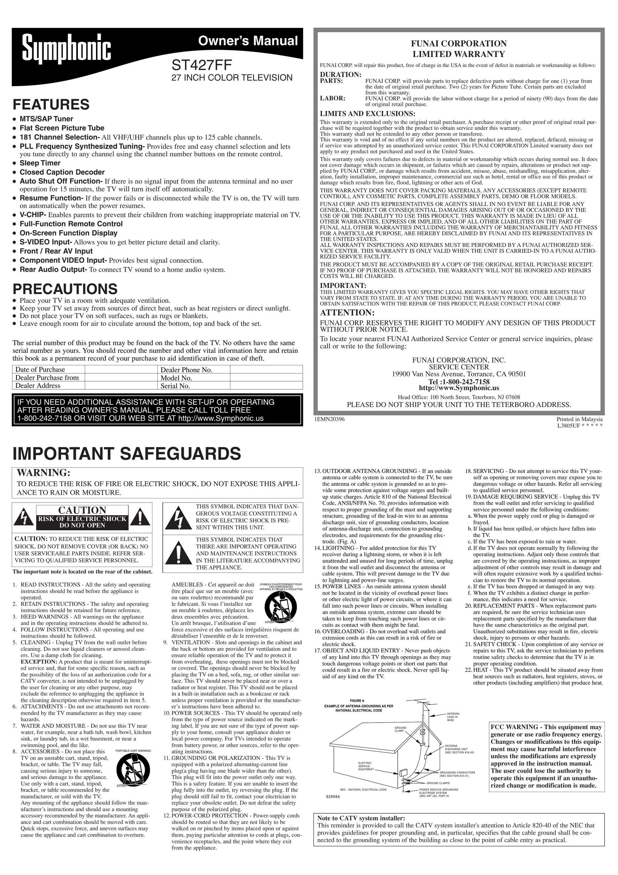 Symphonic ST427FF CRT Television User Manual