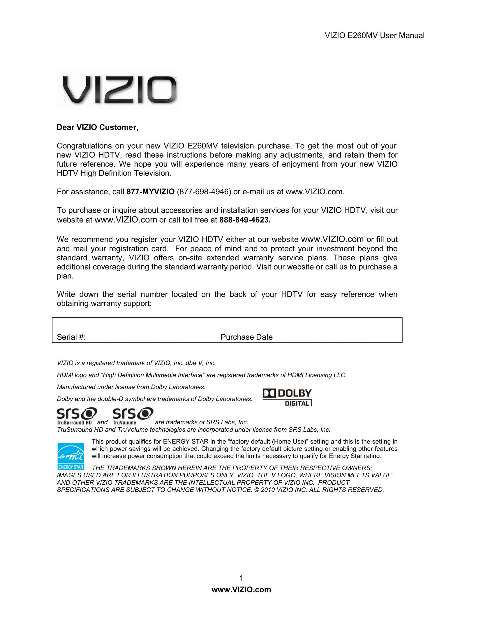 Vizio E260MV CRT Television User Manual