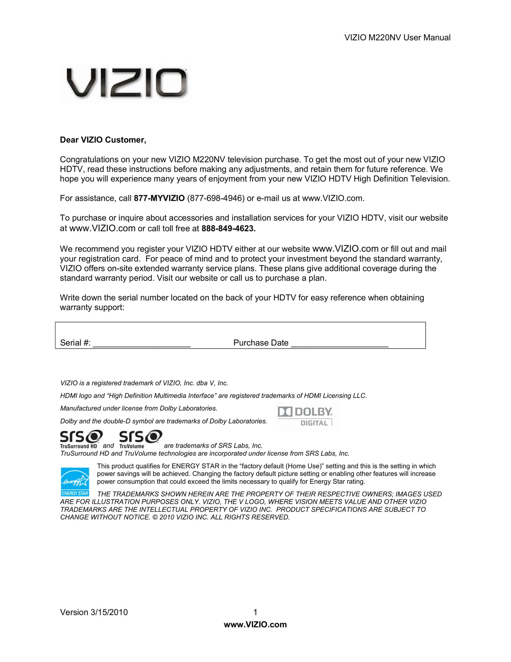 Vizio M220NV CRT Television User Manual