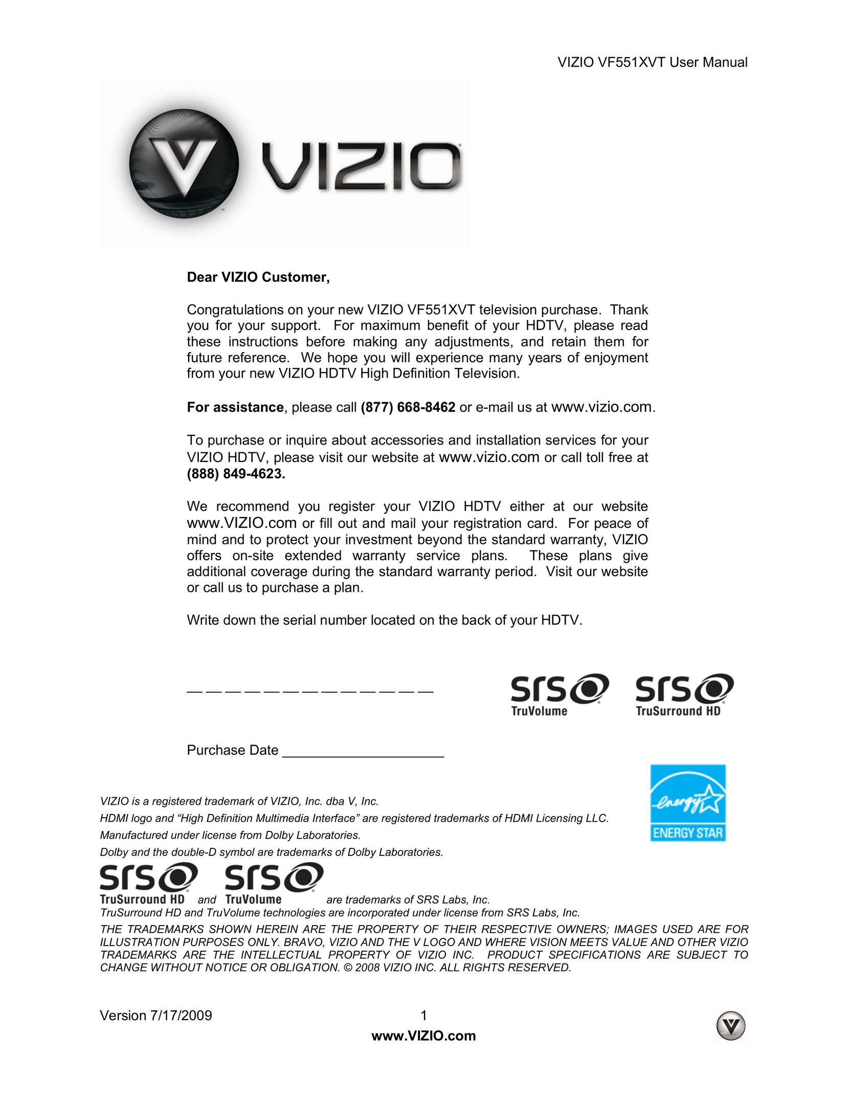 Vizio VF551XVT CRT Television User Manual