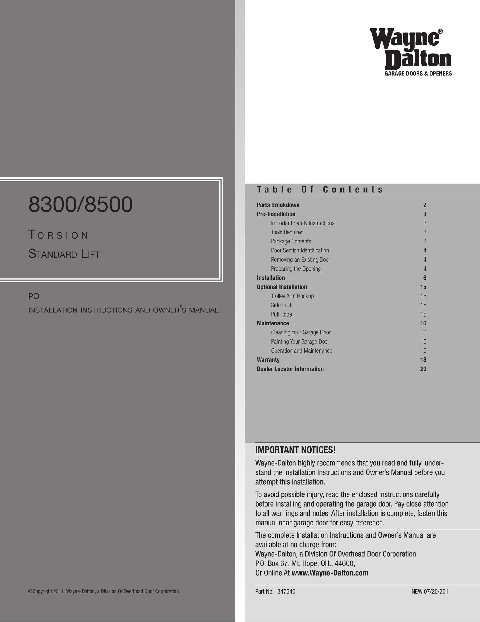 Wayne-Dalton 8300/8500 CRT Television User Manual