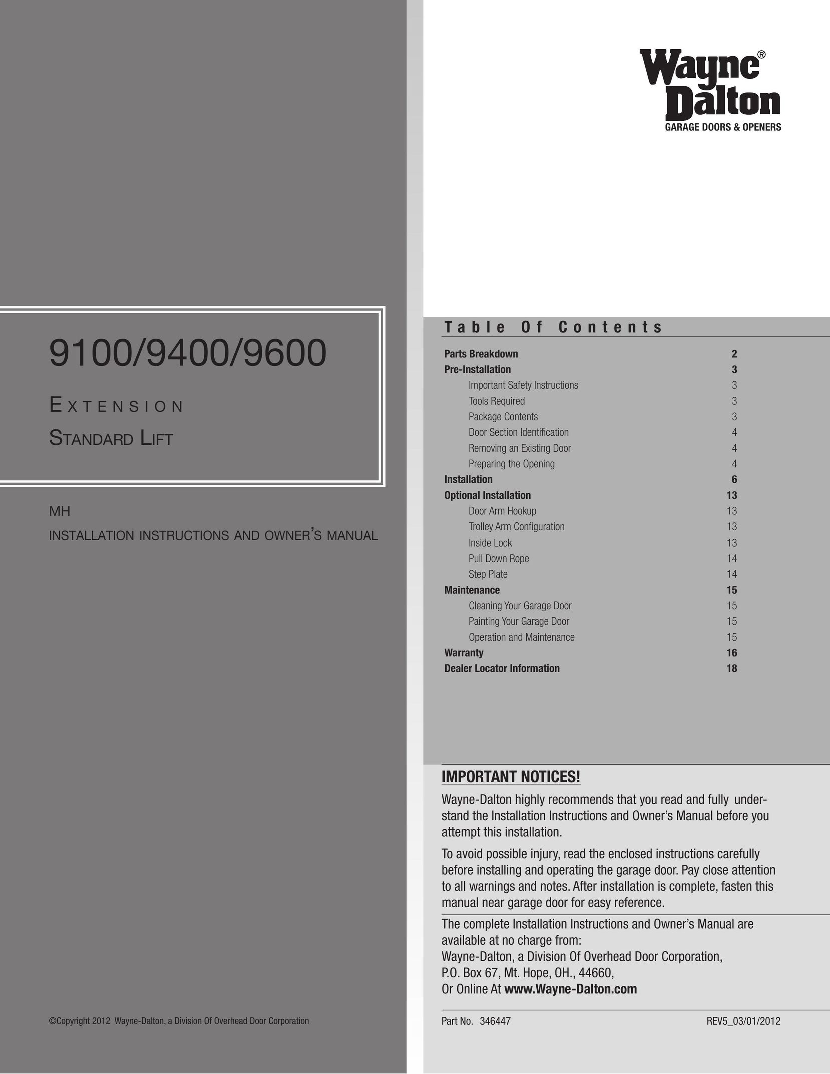 Wayne-Dalton 9100/9400/9600 CRT Television User Manual