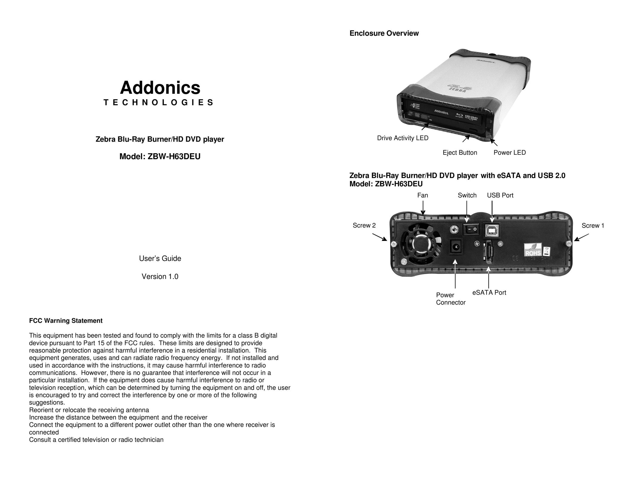 Addonics Technologies ZBW-H63DEU DVD Player User Manual