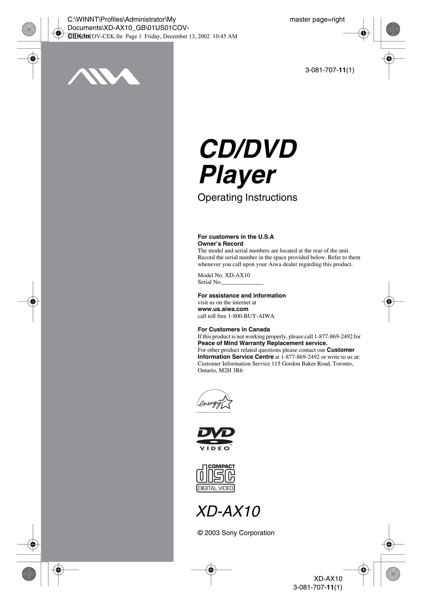 Aiwa XD-AX10 DVD Player User Manual