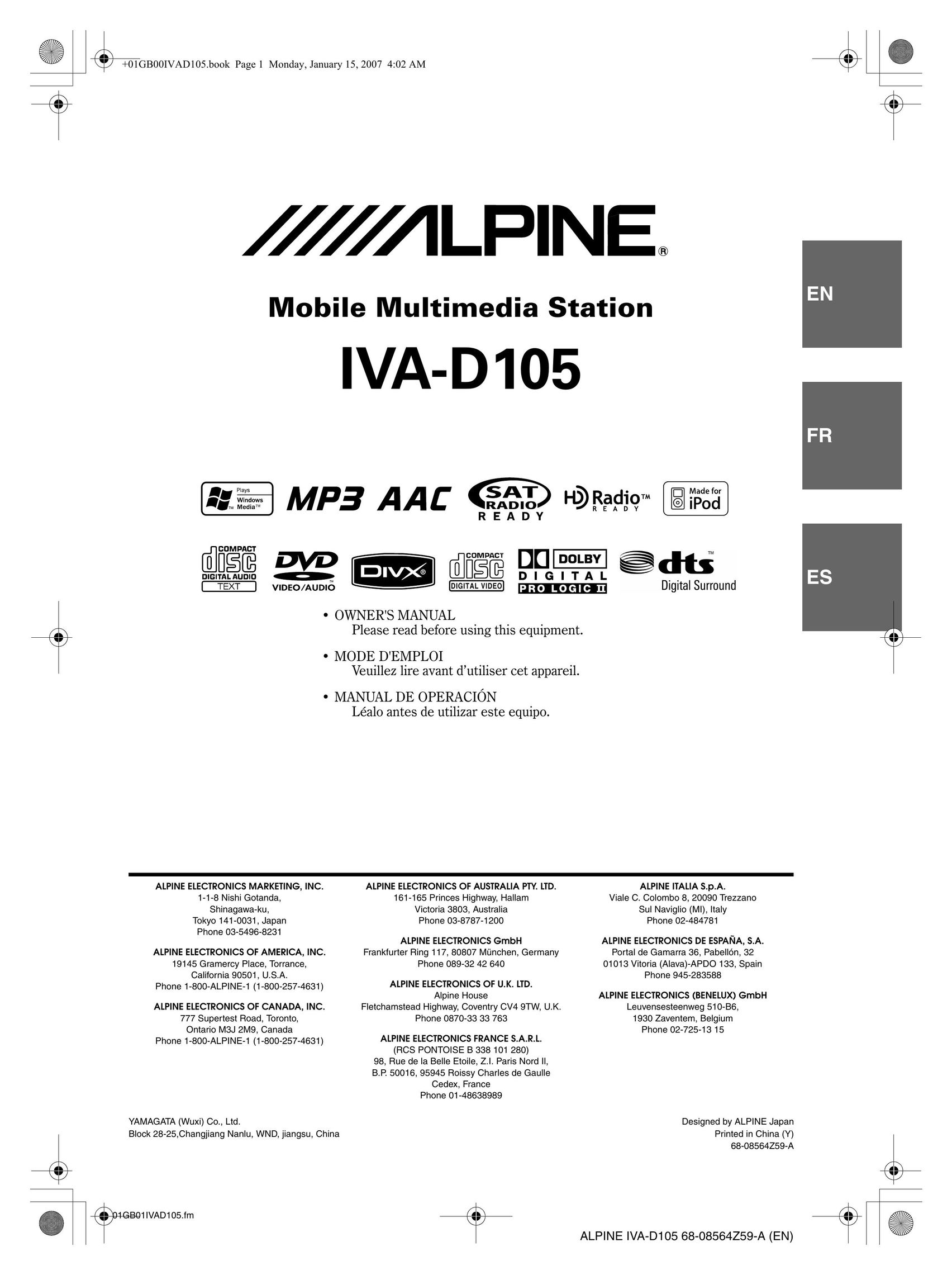 Alpine IVA-D105 DVD Player User Manual