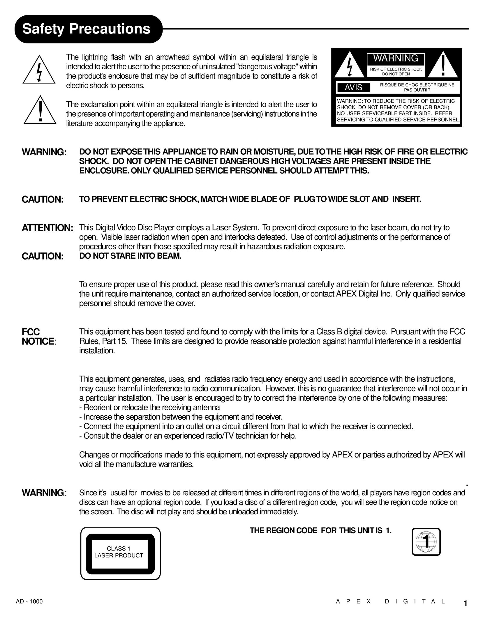 Apex Digital AD - 1000 DVD Player User Manual