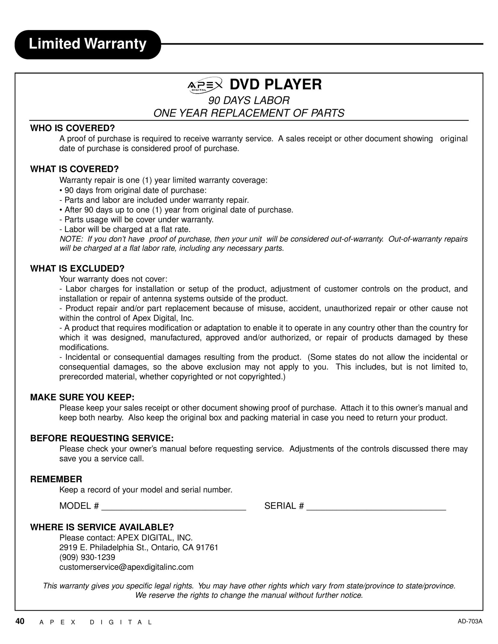 Apex Digital AD-703A DVD Player User Manual