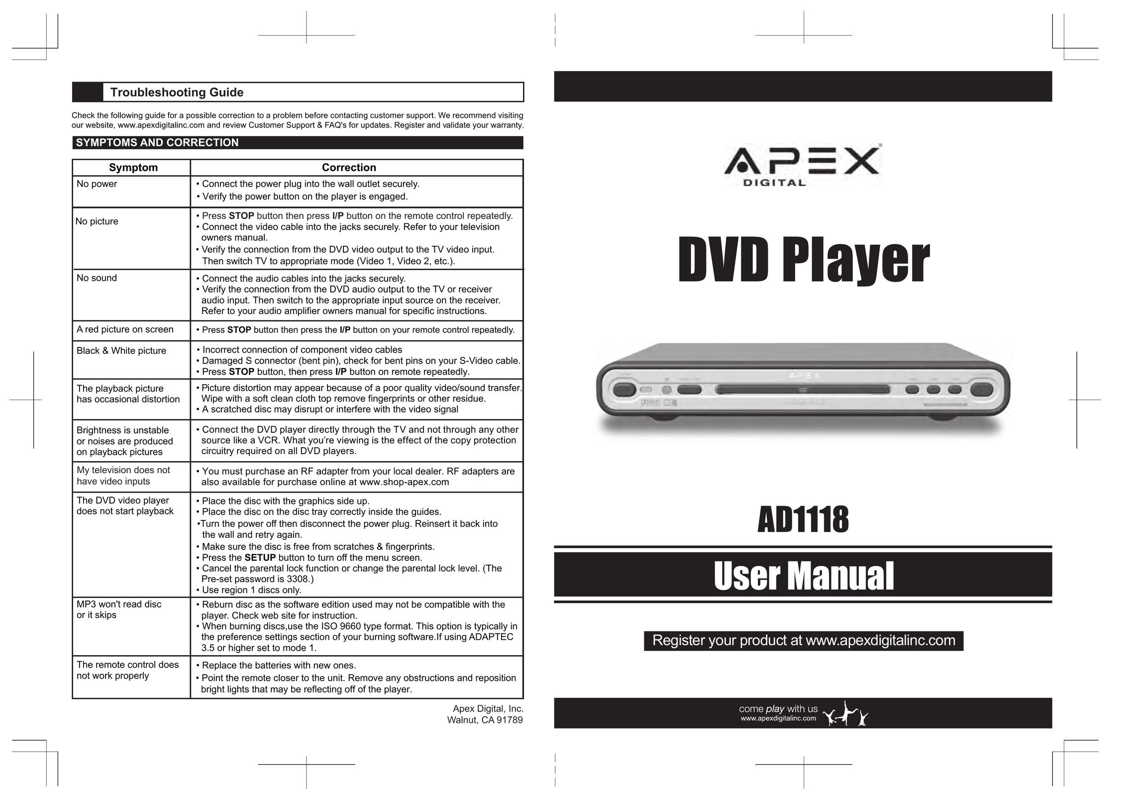 Apex Digital AD1118 DVD Player User Manual