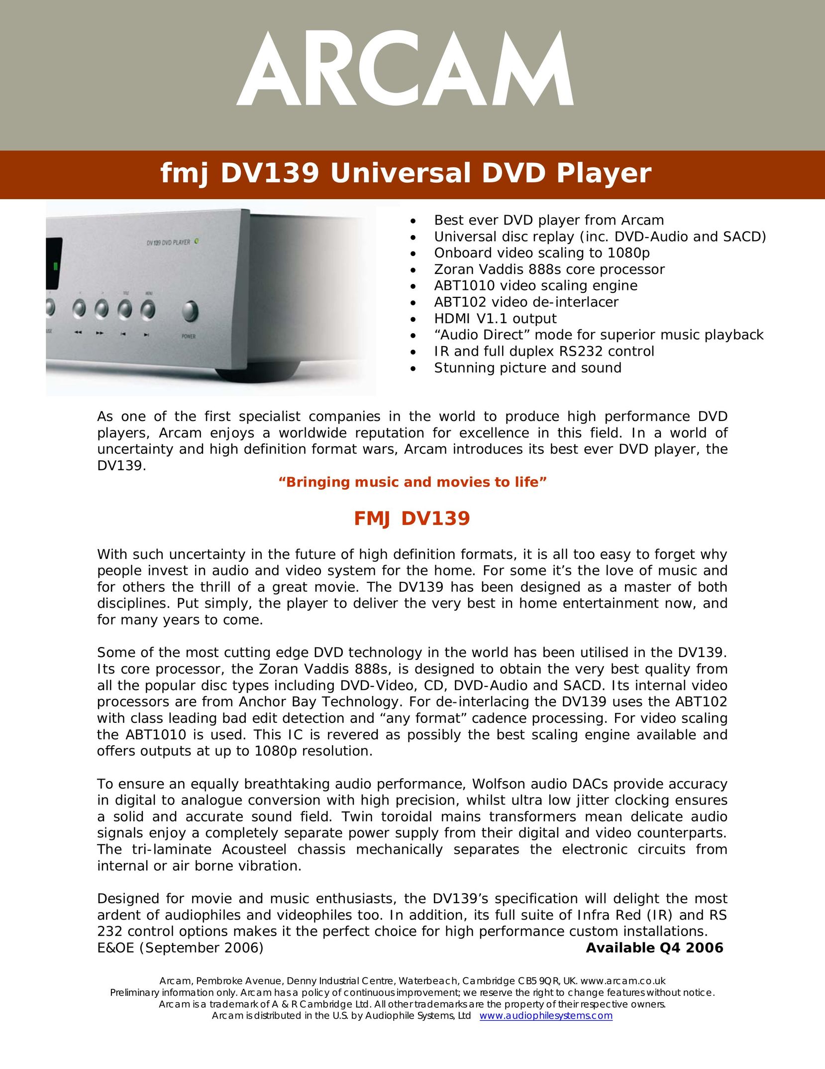 Arcam fmj DV139 DVD Player User Manual