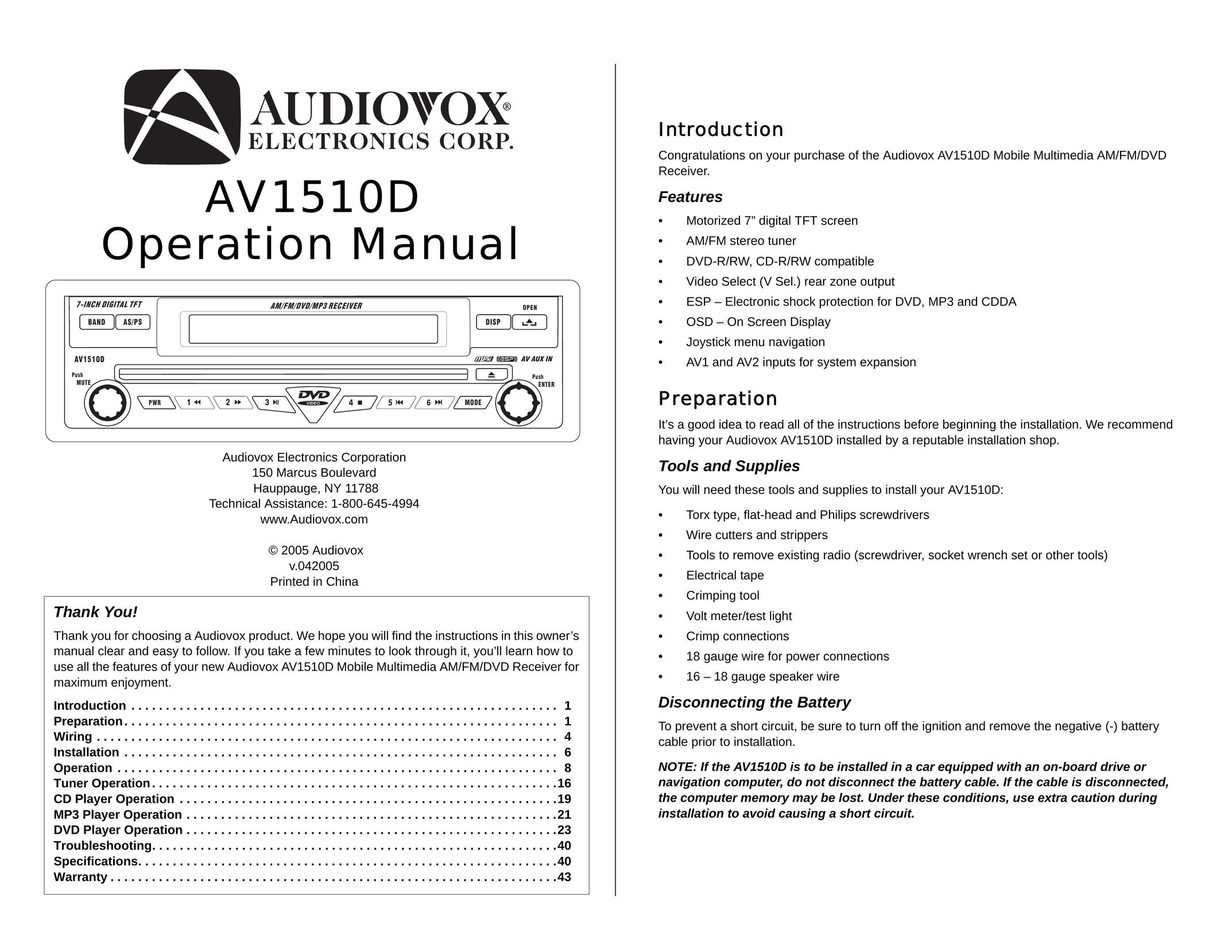 Audiovox AV1510D DVD Player User Manual