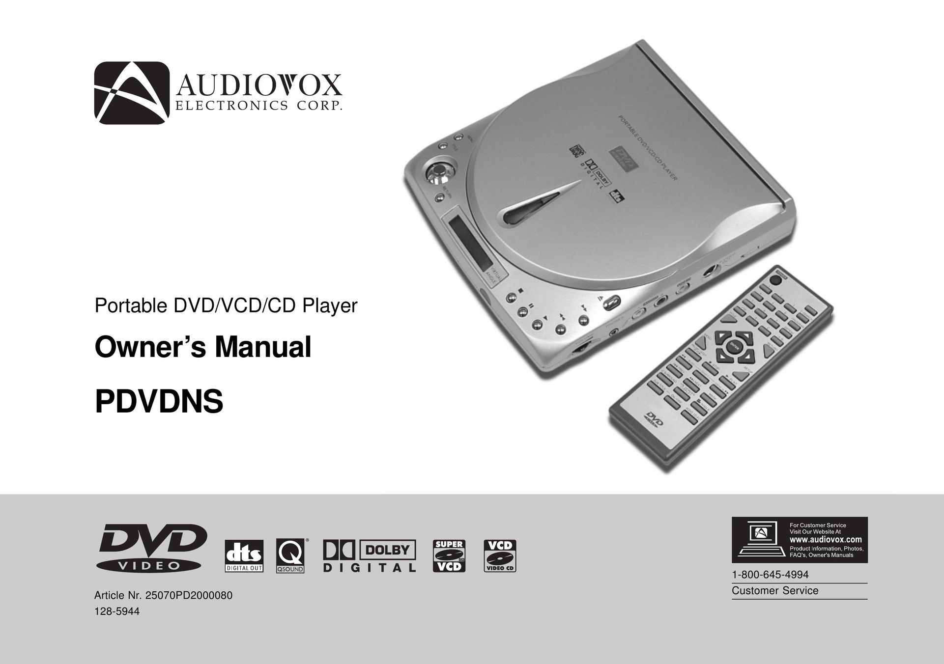 Audiovox D1708PK DVD Player User Manual