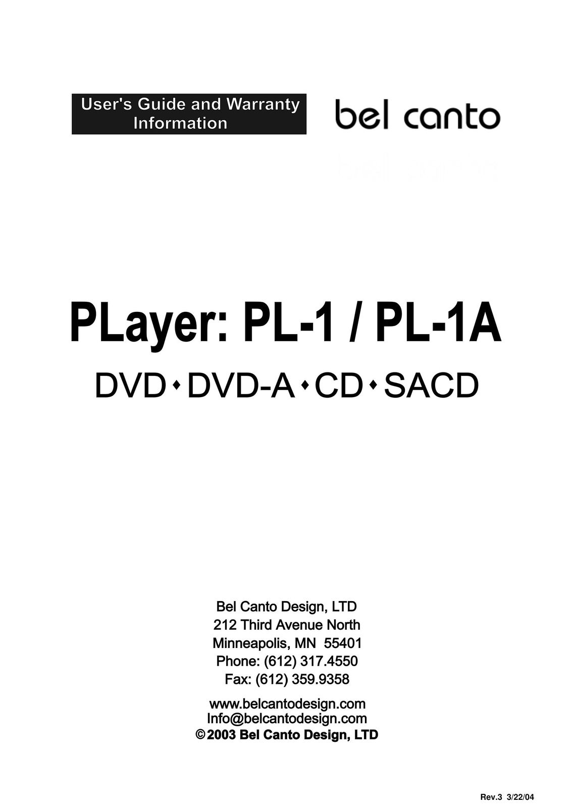 Bel Canto Design PL-1 DVD Player User Manual