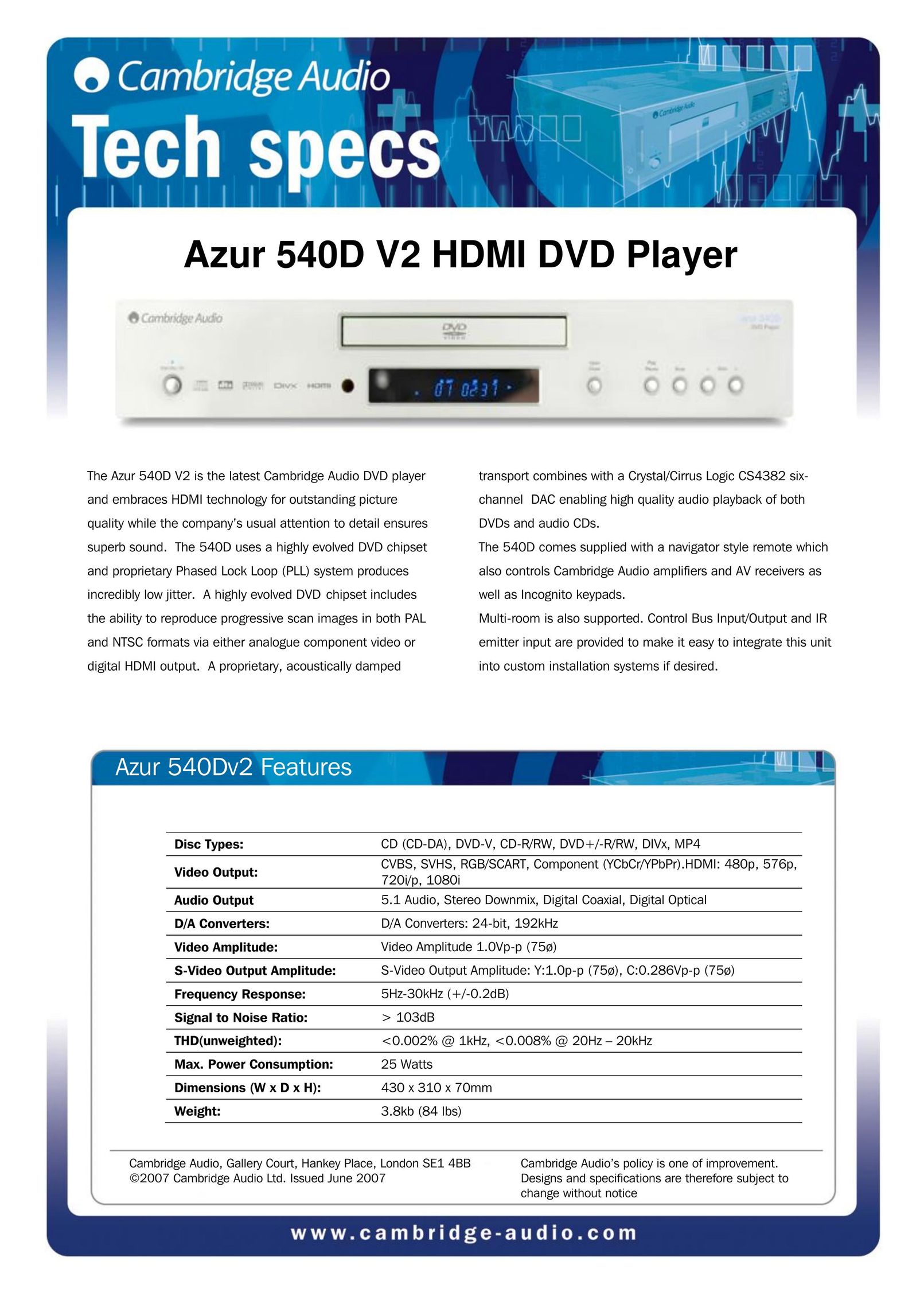 Cambridge Audio Azur 540D V2 DVD Player User Manual