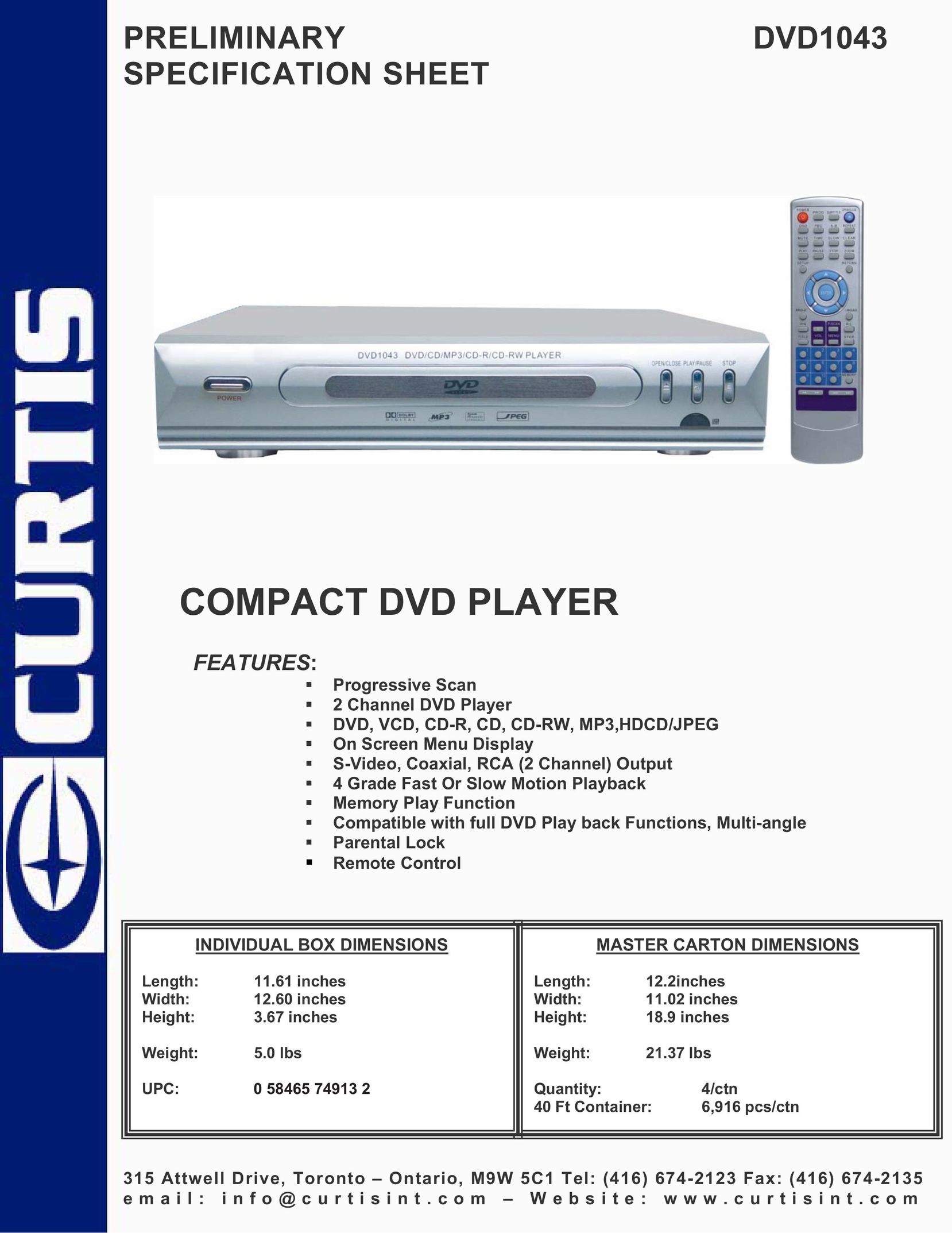 Curtis DVD1043 DVD Player User Manual