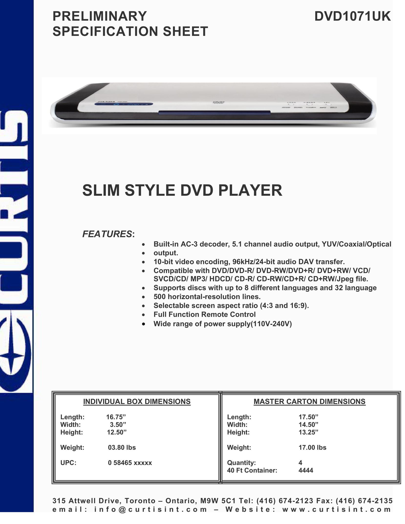 Curtis DVD1071UK DVD Player User Manual