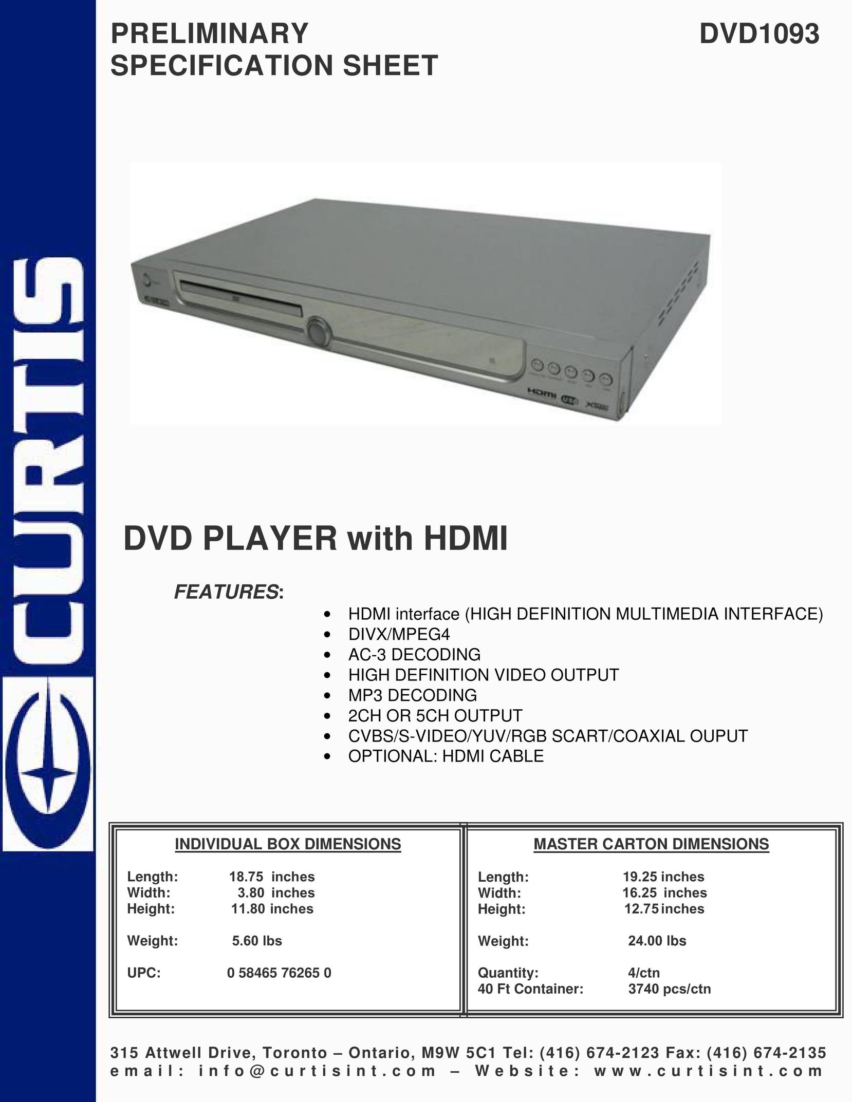 Curtis DVD1093 DVD Player User Manual