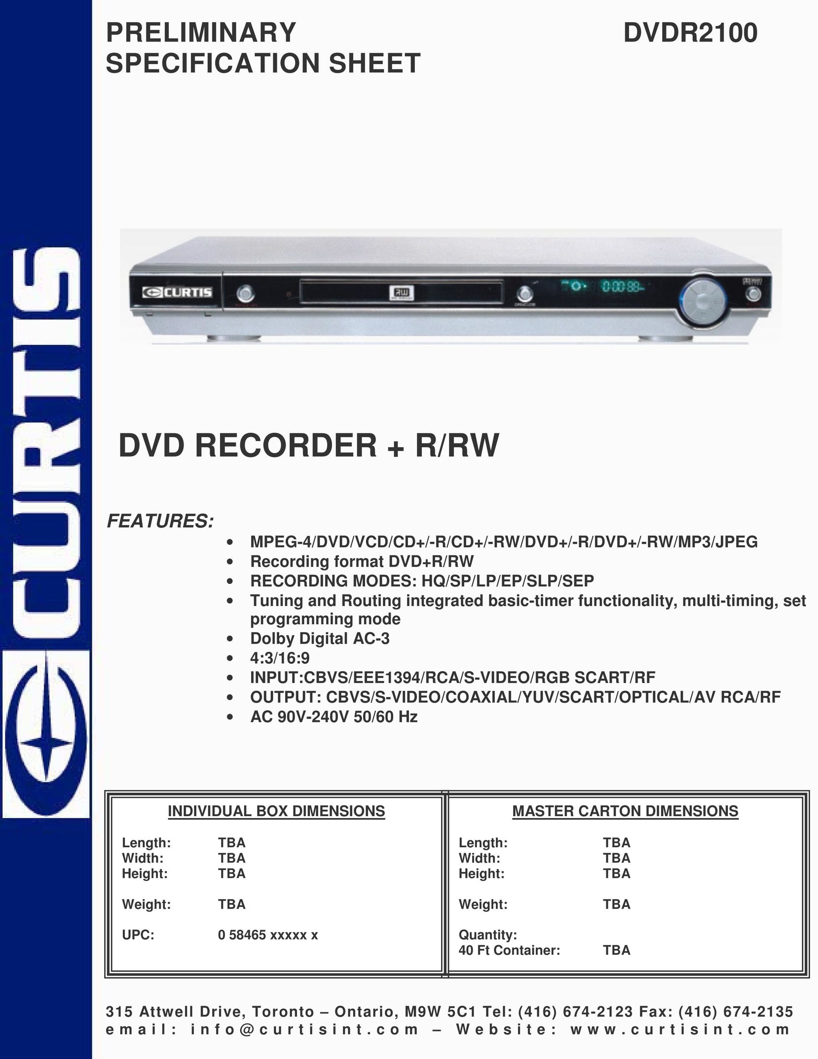 Curtis DVDR2100 DVD Player User Manual