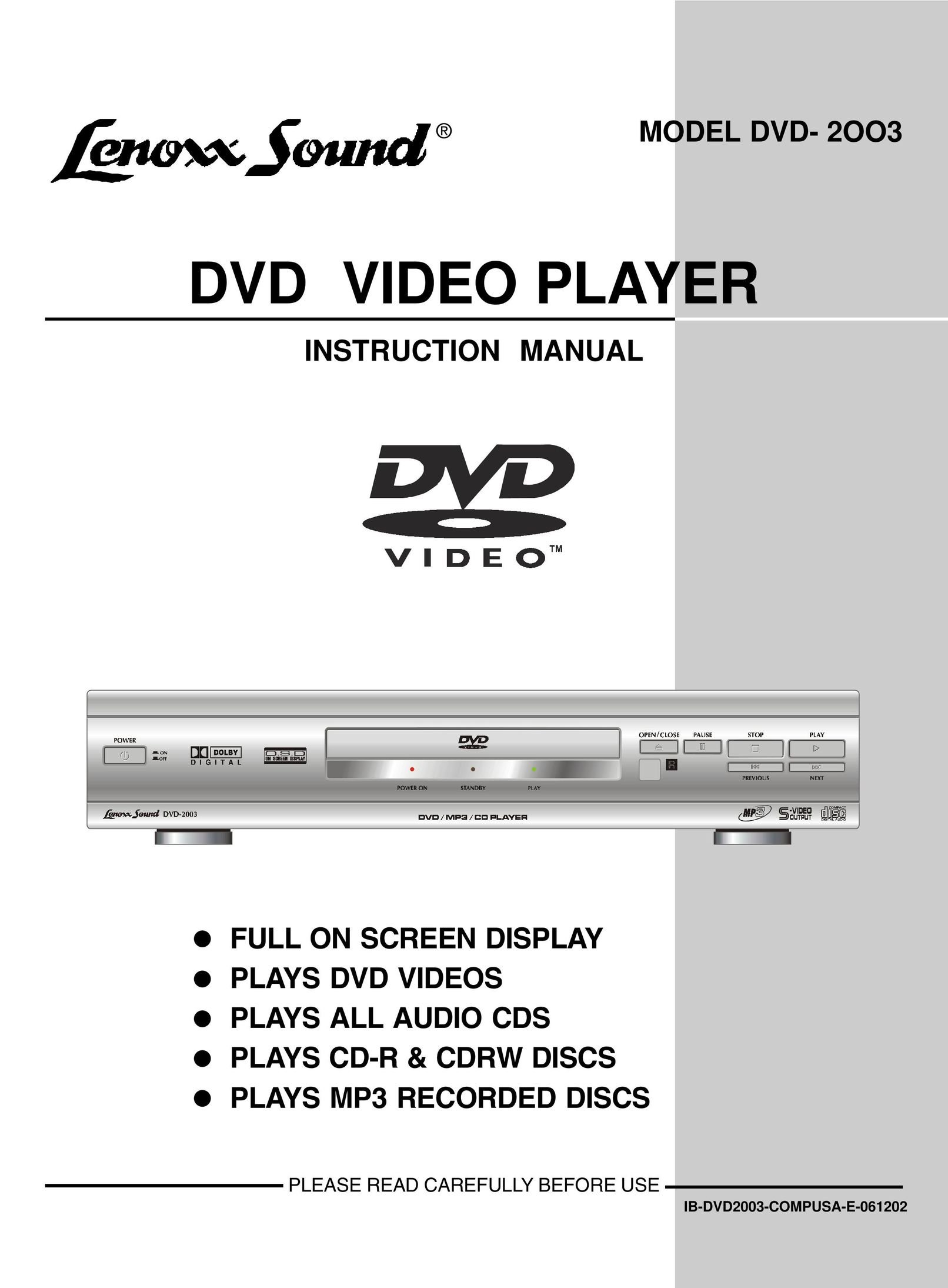 Dolby Laboratories DVD- 2OO3 DVD Player User Manual
