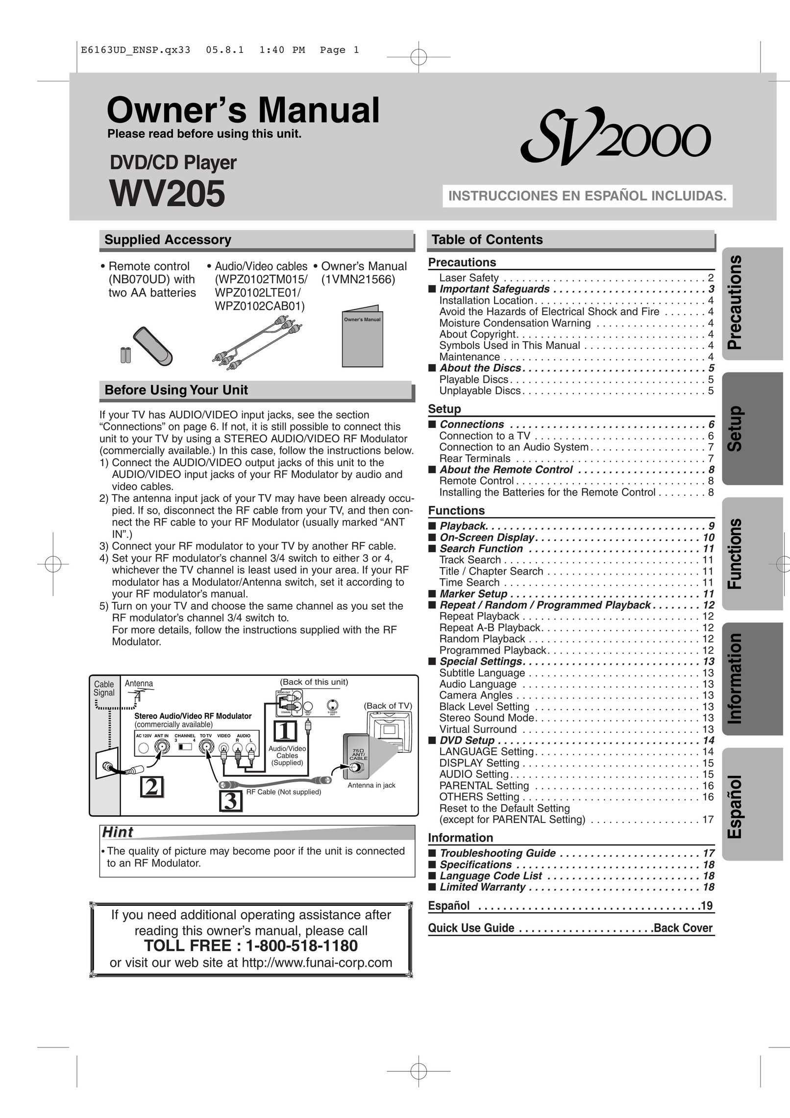 FUNAI WV205F DVD Player User Manual