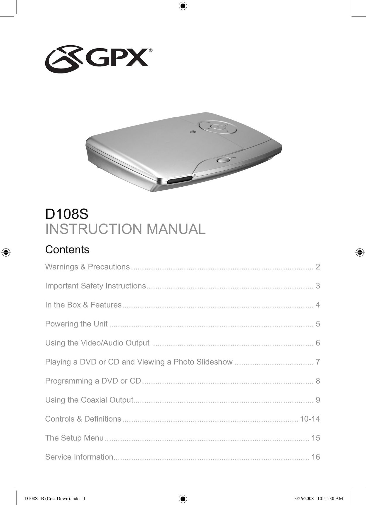 GPX D108S DVD Player User Manual