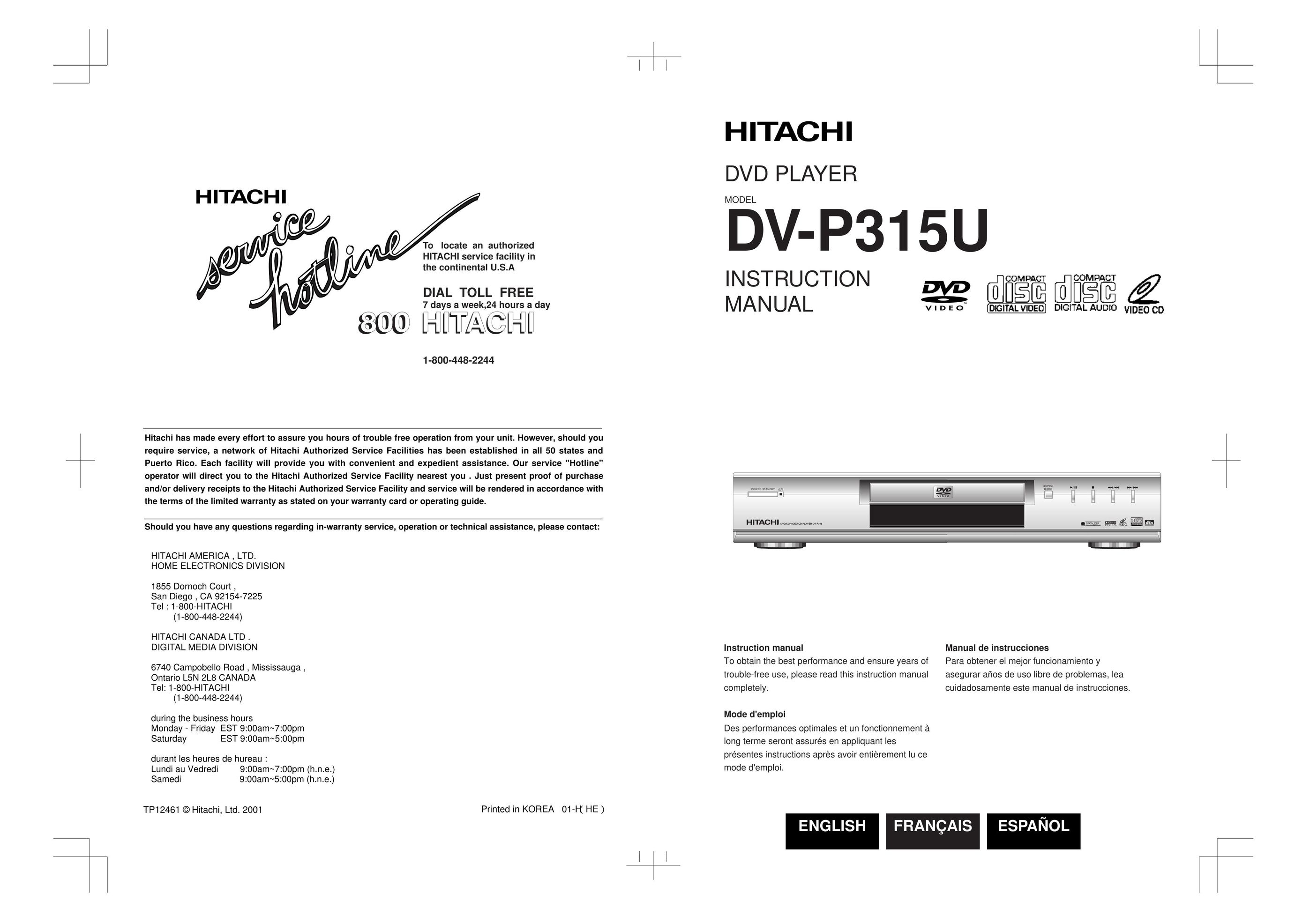 Hitachi DVP315U DVD Player User Manual