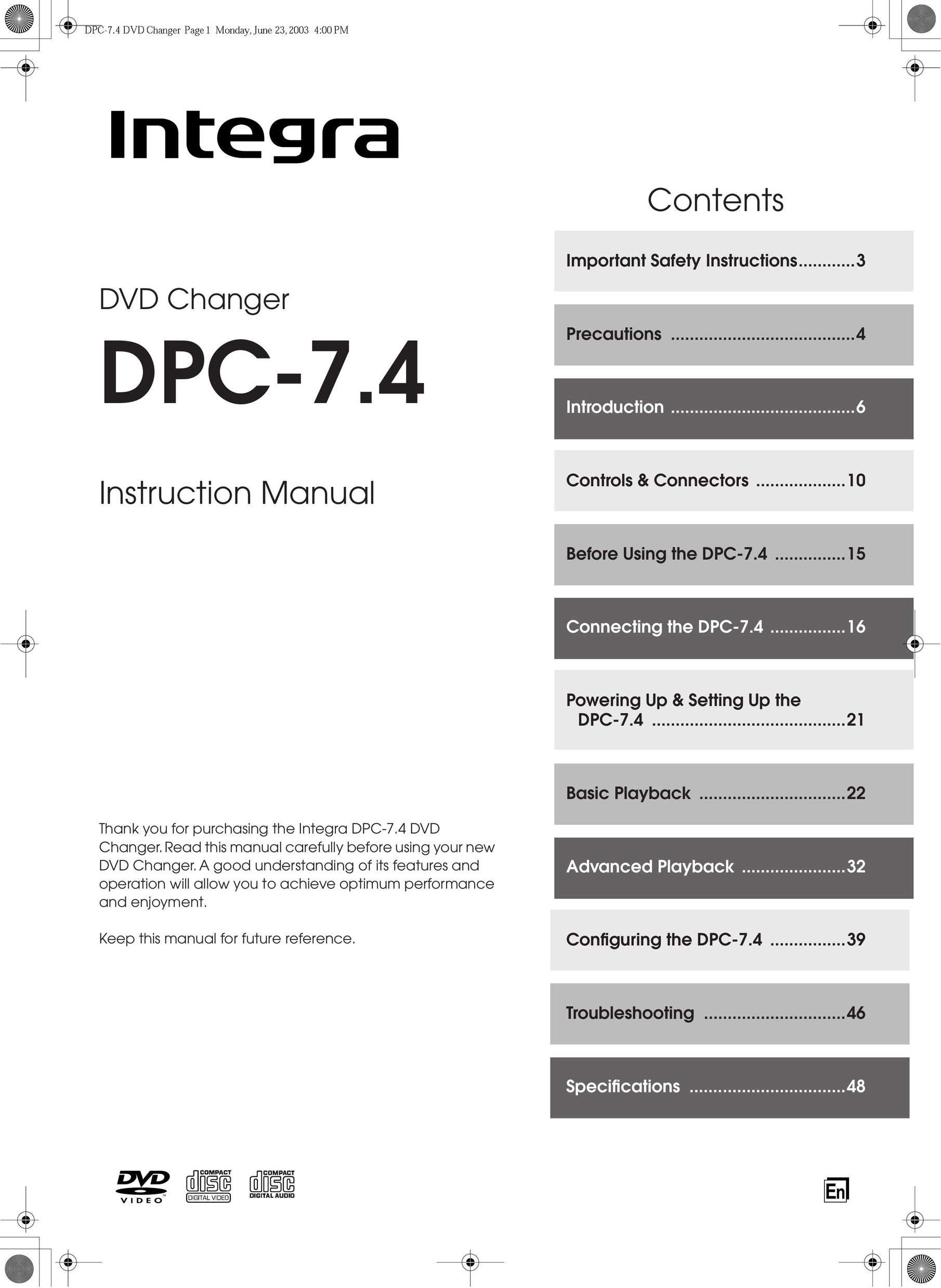 Integra DPC-7.4 DVD Player User Manual