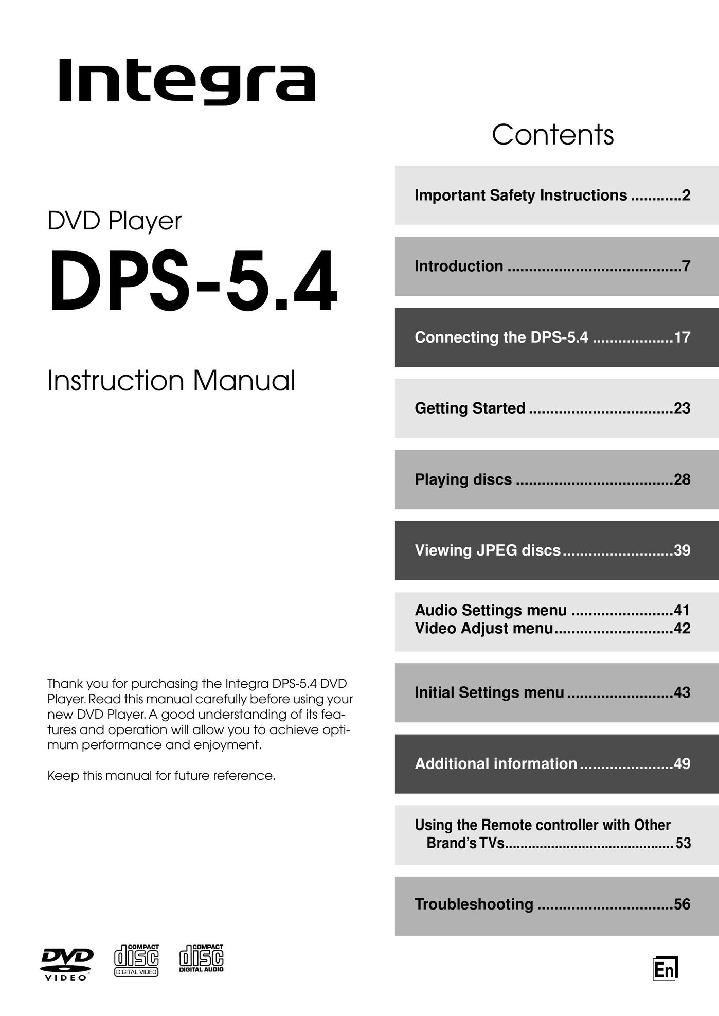 Integra DPS-5.4 DVD Player User Manual