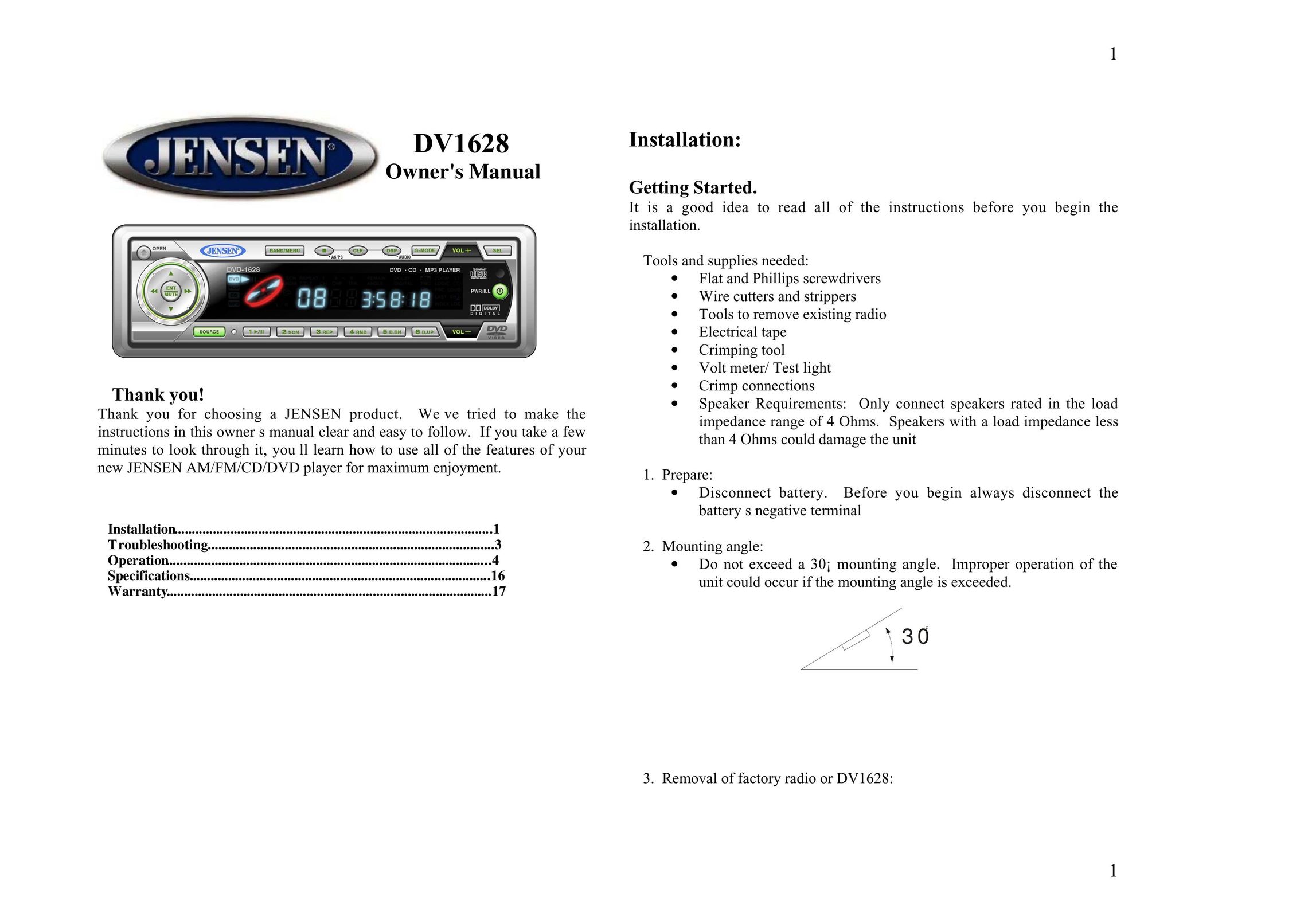 Jensen Tools DV1628 DVD Player User Manual