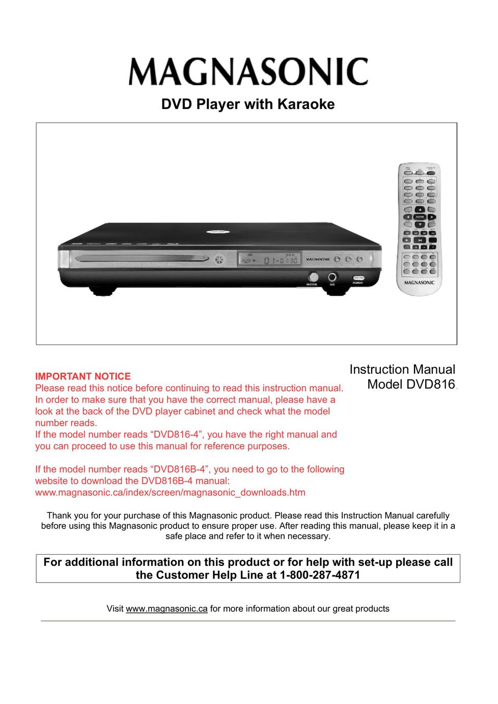 Magnasonic DVD816 DVD Player User Manual