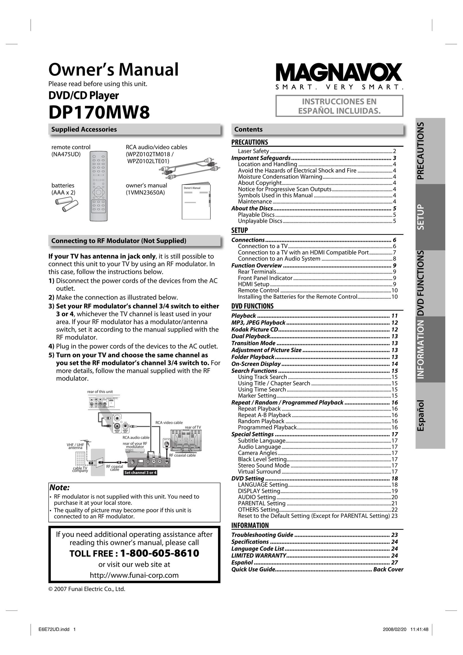 Magnavox DP170MW8 DVD Player User Manual
