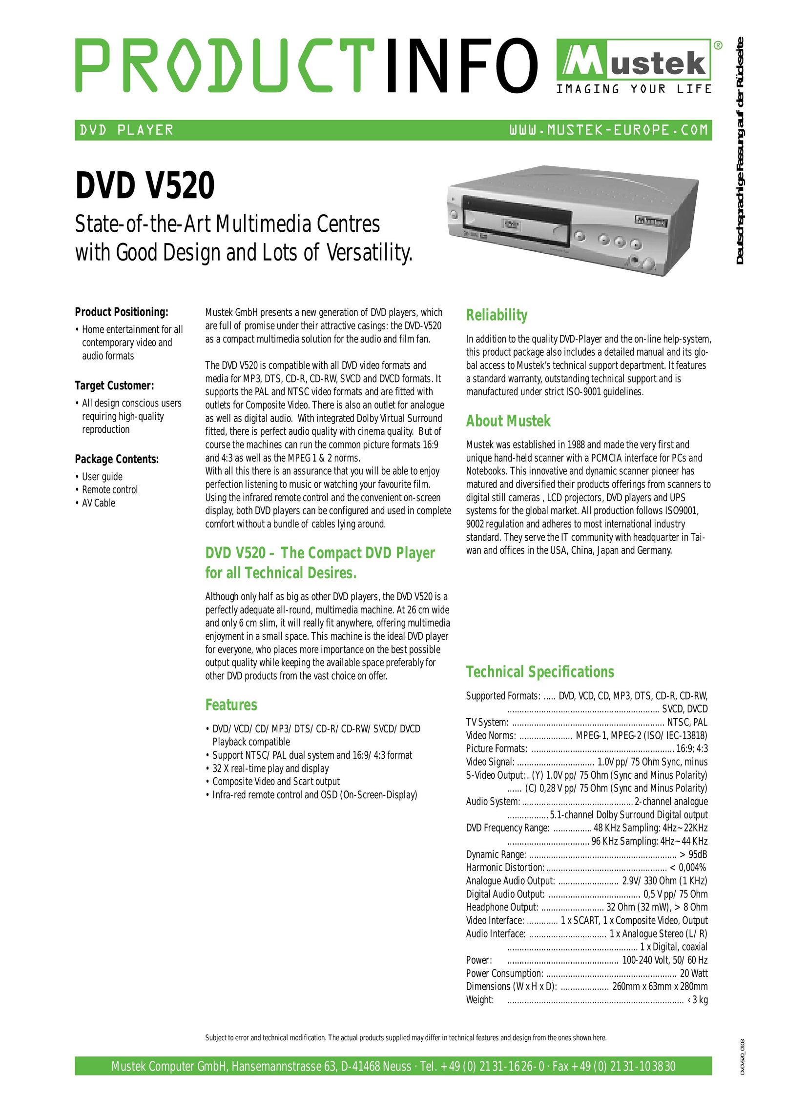 Mustek V520 DVD Player User Manual