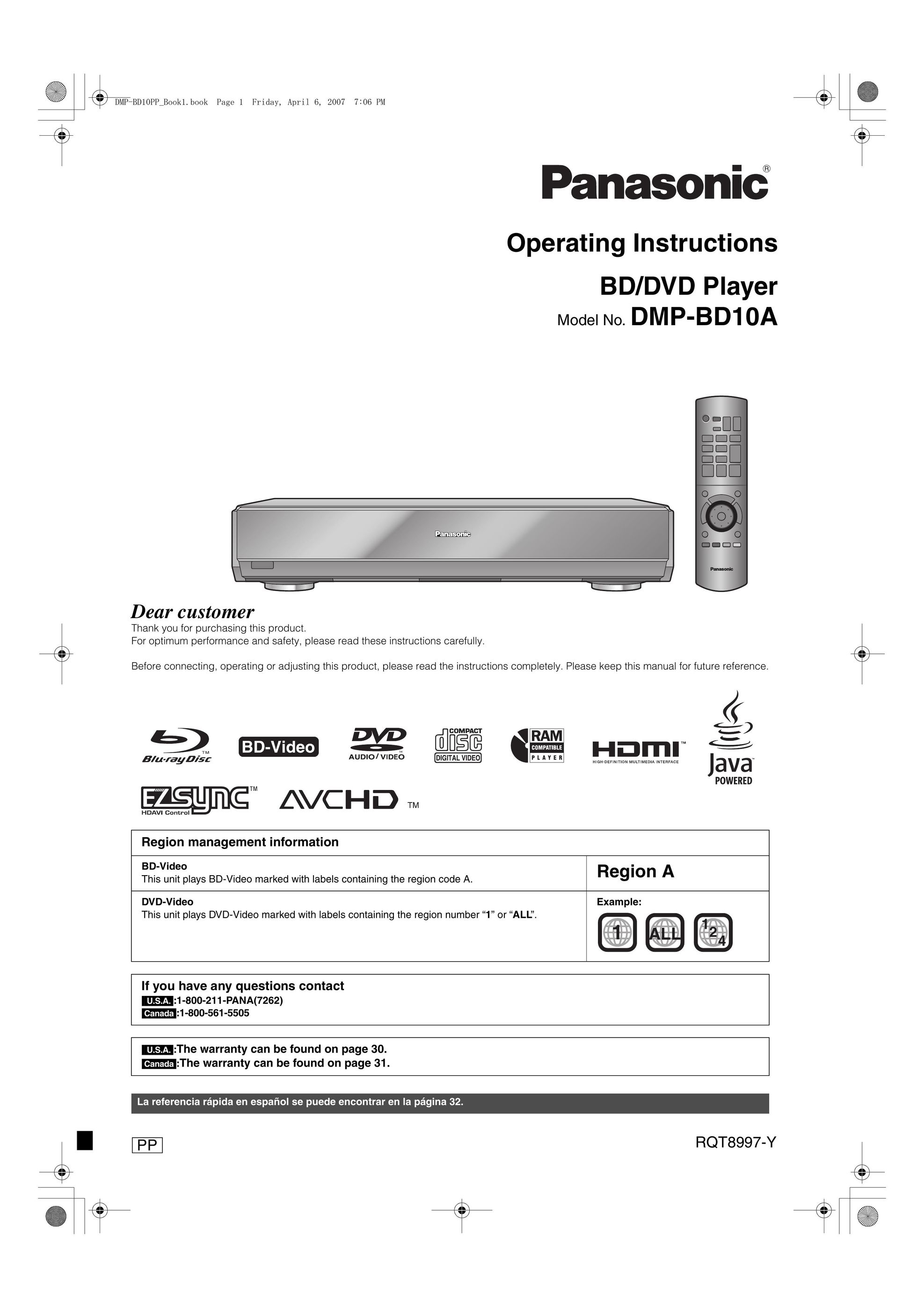 Panasonic DMP-BD10A DVD Player User Manual
